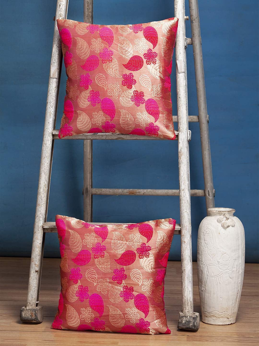 Alina Decor Brocade Embroidery Designer Soft Pillow/Cushion Covers (16 INCH x 16 INCH OR 40cm x 40cm) - Set of 2, Pink and Gold Color-image-10