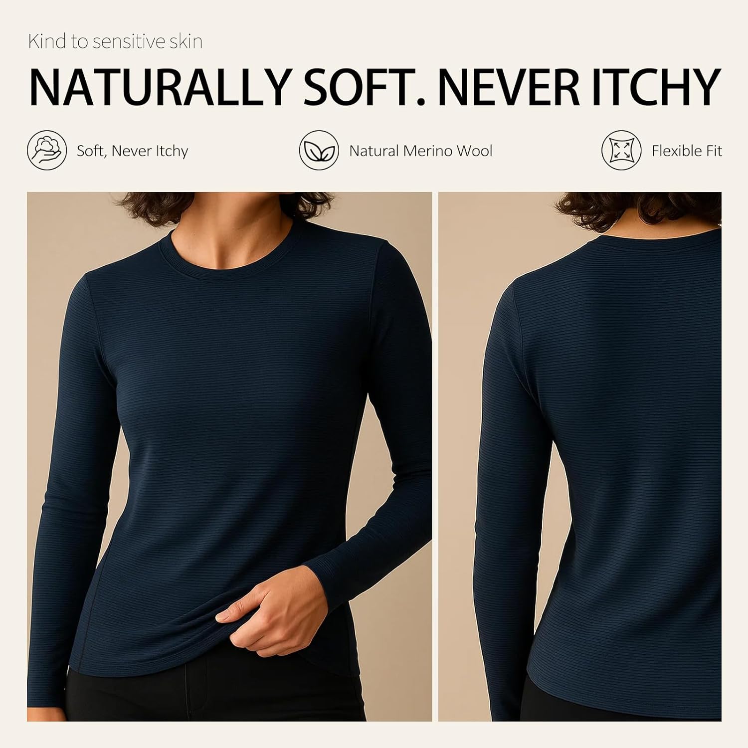 Merino Protect 100% Merino Wool Base Layer Women Temperature-Regulating Long Sleeve Thermal Striped Shirt for Hiking Travel - Image 3