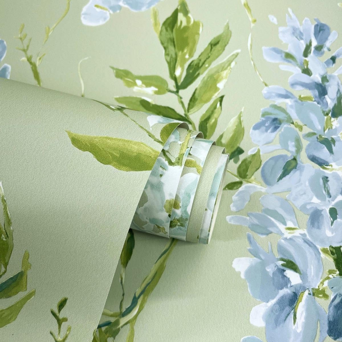 World of Wallpaper Wisteria Tree and Flowers Hand Painted Smooth Wallpaper for Living Room, Bedroom, Hallways, Feature Walls - Sage Green and Blue (203602)