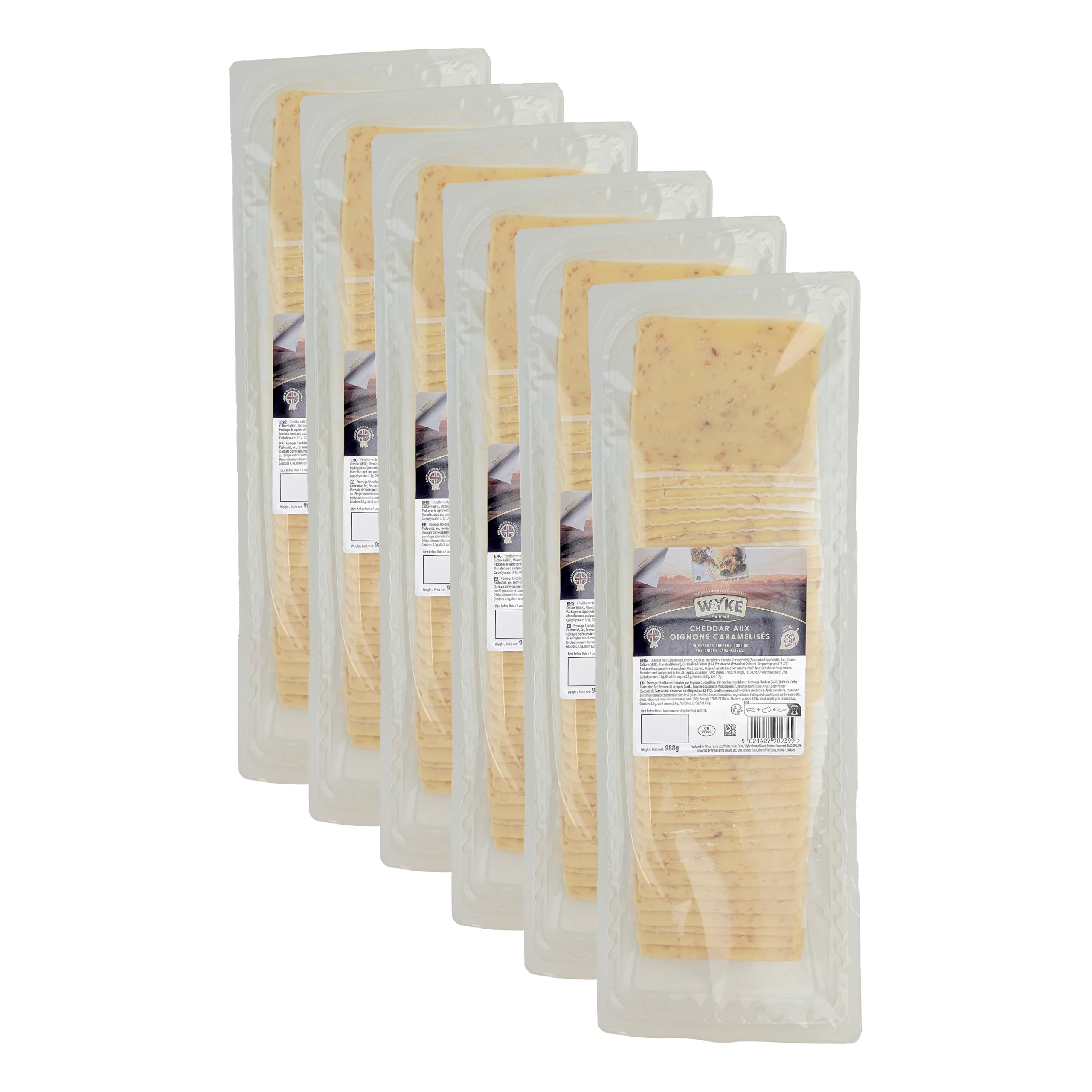 WYKE CHEDDAR-KÄSE mit karamellisierten Zwiebeln Großpackung 38 Scheiben 6x 980g cheddar cheese englischer Hartkäse ideal zu Burgern Sandwiches Wraps Pizza Salaten Gratins