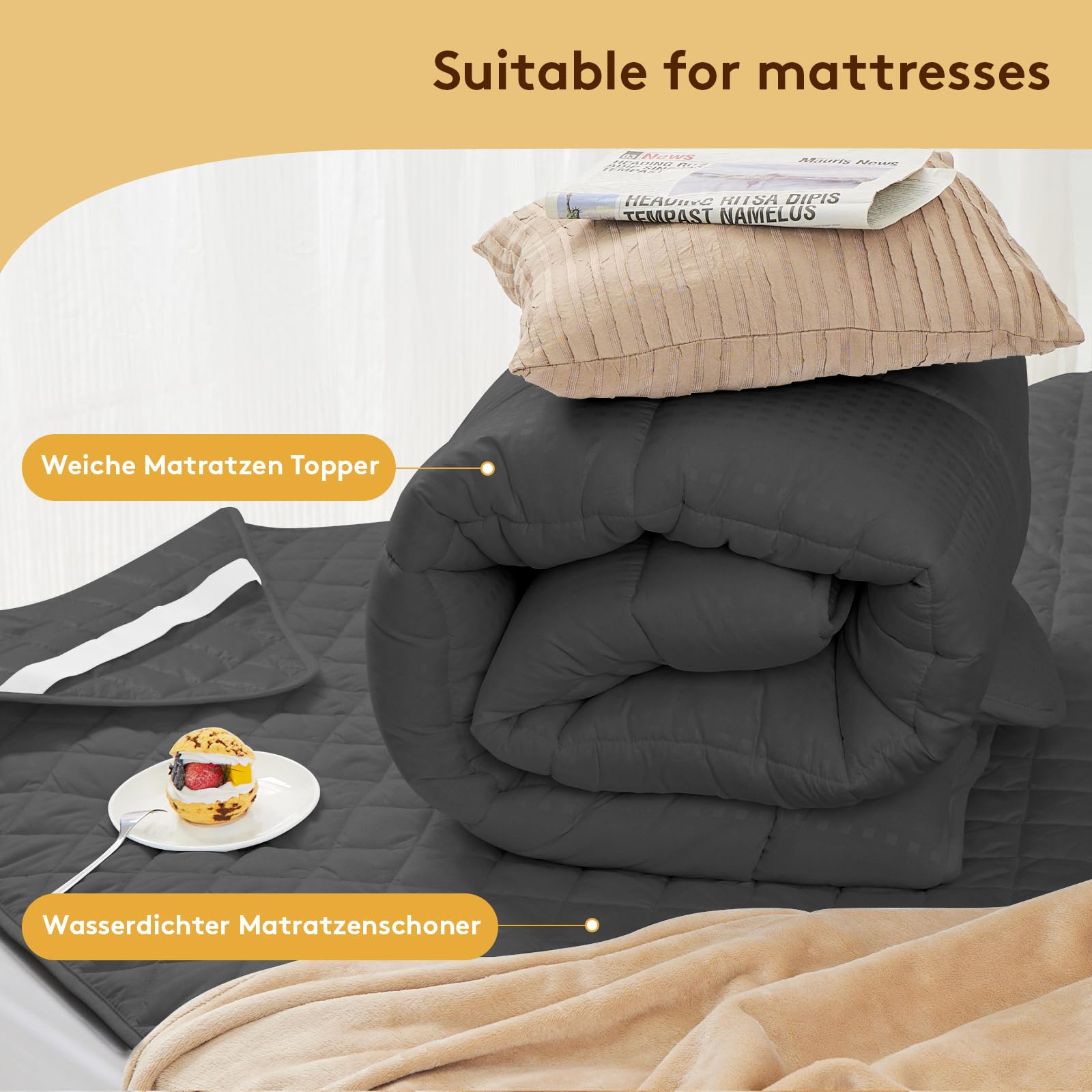 Autsel 3D Topper Matrimoniale 160 x 200cm Extra-Morbido Topper Materasso Trapuntato Antiallergico Coprimaterasso (Grigio Chiaro)