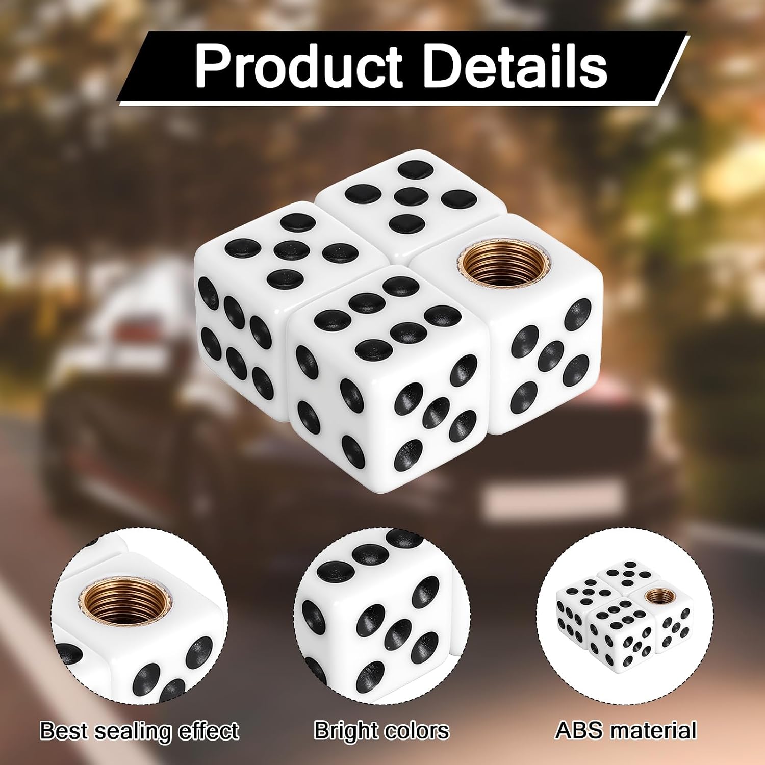 4 Pcs Dice Tire Valve Stem Caps Universal Copper Tire Valve Stem Covers Dice Dustproof air Valves Caps for Cars Trucks Motorcycles Bicycles- White