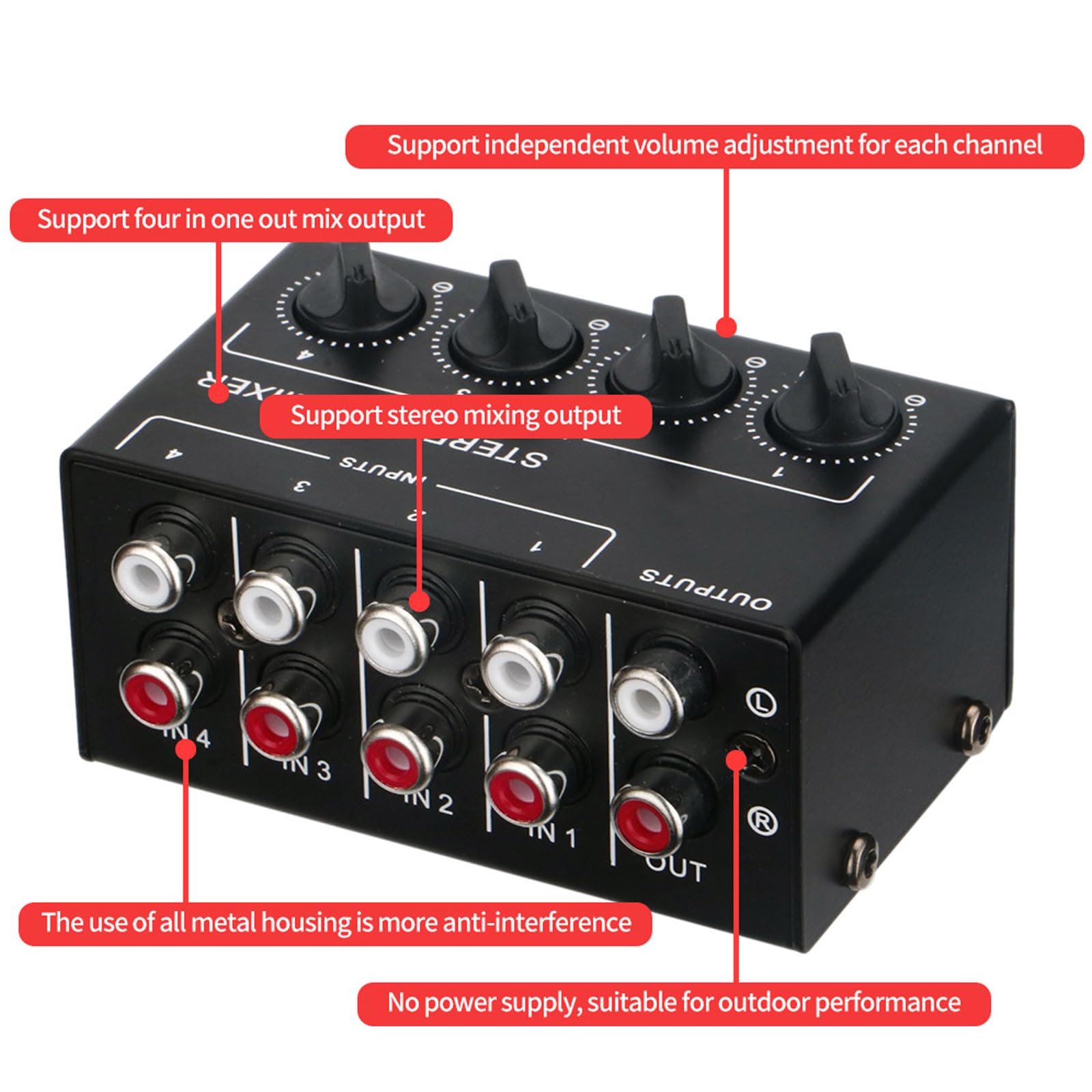 Beavorty Mezclador de Audio Pasivo Portátil de 4 Canales Cx400, Mini Mezclador Estéreo Controles Independientes, Carcasa Abs y Hierro, Adecuado para Dj, Conciertos y Equipos de Música