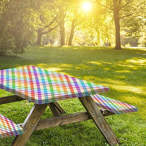 Miniatura 6 de Picnic Table Cover with Bench Covers 3 Piece Set Vichy plaid rainbow herringbone Seamless colorful dark bright neon Elastic Fitted Tablecloths