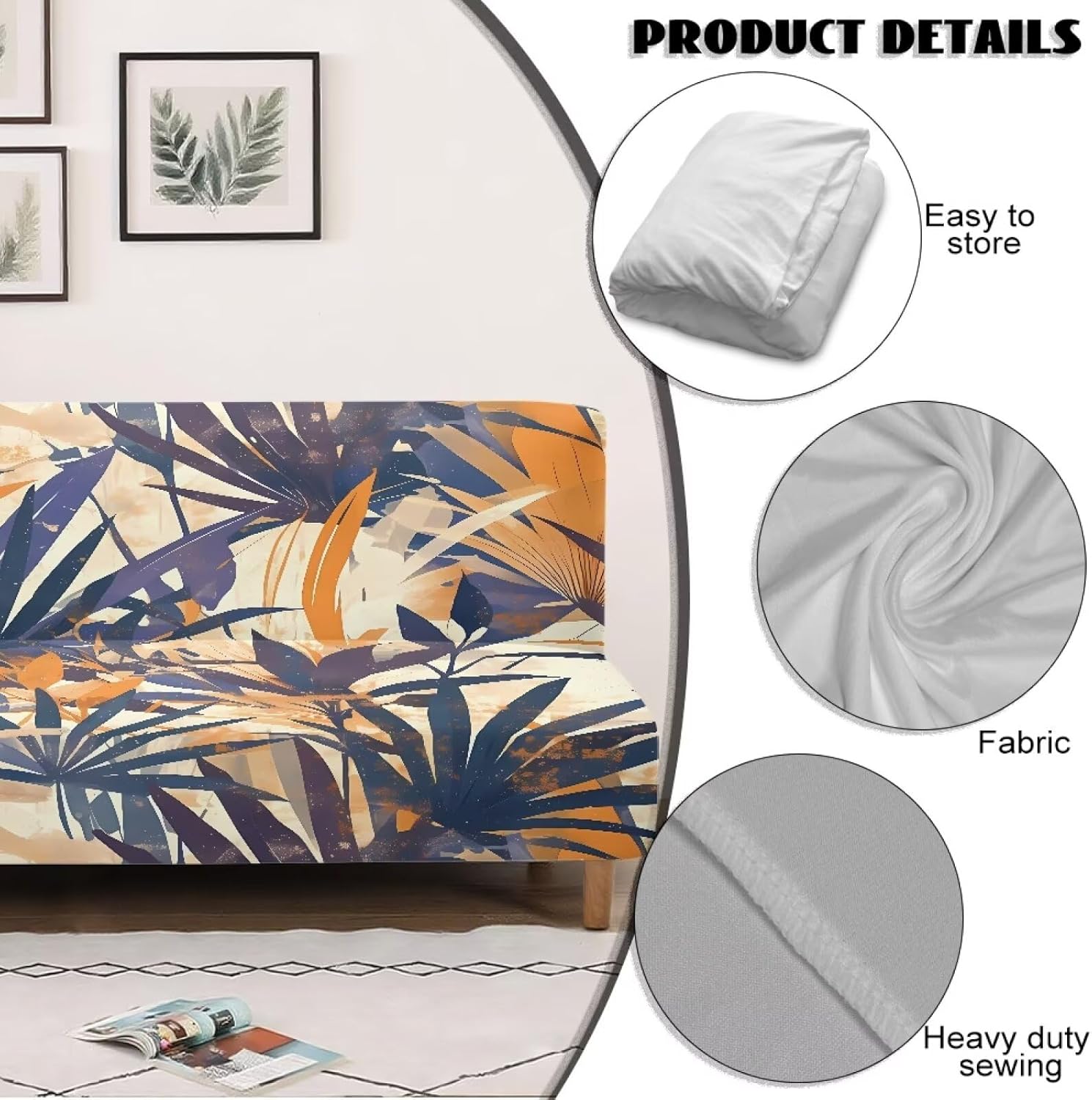 Merkmak Coastal Futon Cushion Cover Tropical Palm Leaves Armless Couch Cushion Cover for Futon Sofa Slipcover Without Arms Non-Slip Furniture Protector for Hotel Living Room