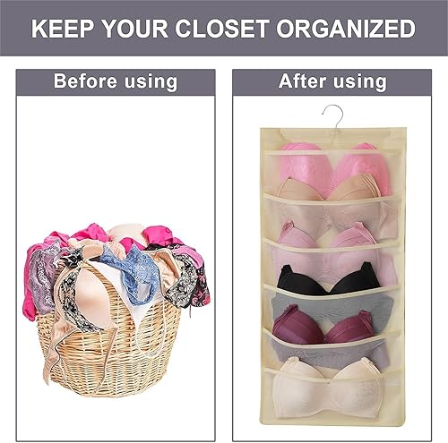 Miniatura 5 de Ymemok Organizador de armario de doble cara con bolsillos de malla para colgar, para ropa interior, brasier, calcetines, accesorios con percha,