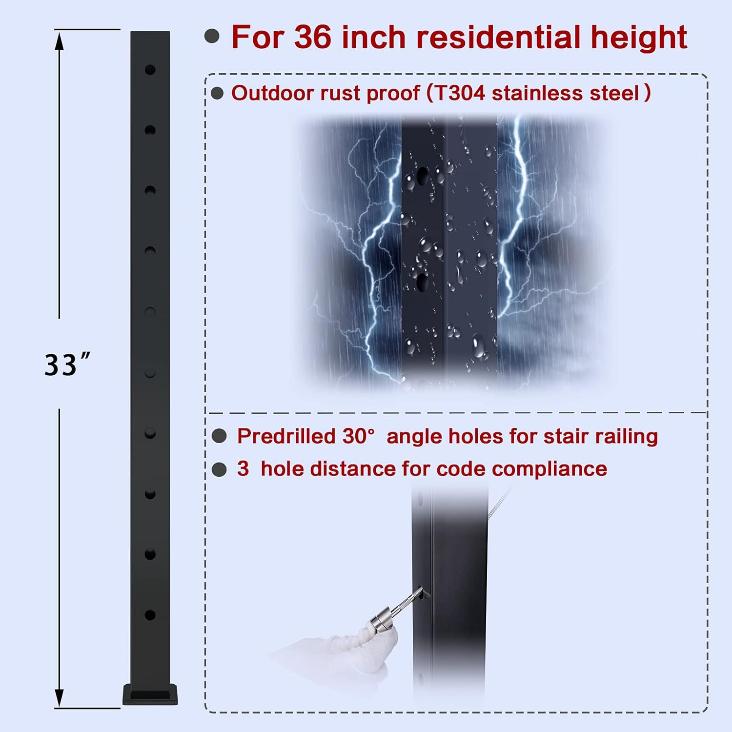 Big Sale Muzata Cable Railing Post Stair Square Weldless 36x2x2 Stainless Steel Pre-Drilled 30 Degree Angle Holes Black Powder Coated Wood Concrete Surface Mount Deck Balustrade Invisible PS01 BA4S, PT1 PT2