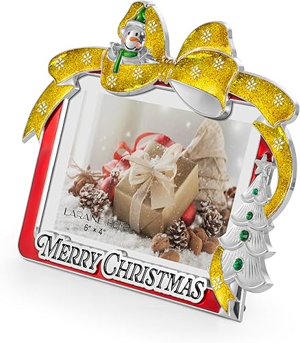 Miniatura 2 de LARAINE Marco de fotos de metal de 4 x 6 pulgadas, lazo de Navidad 2025, imágenes de alta definición para mesa, hogar, regalo decorativo de