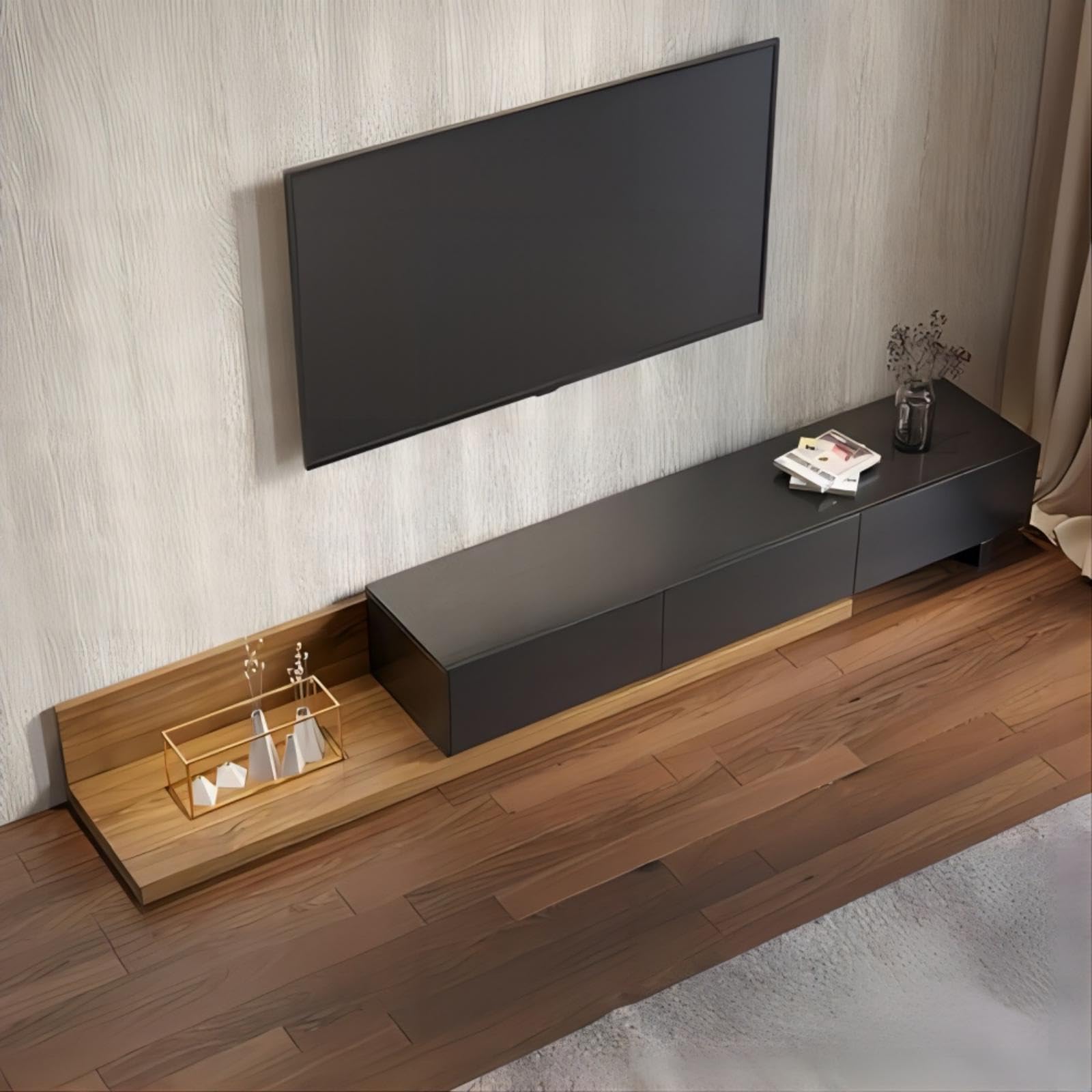 Homary Ausziehbarer TV-Ständer, ausziehbare Medienkonsole mit 3 Schubladen, modernes Entertainment-Center bis zu 120 Zoll (Schwarz & Walnuss)