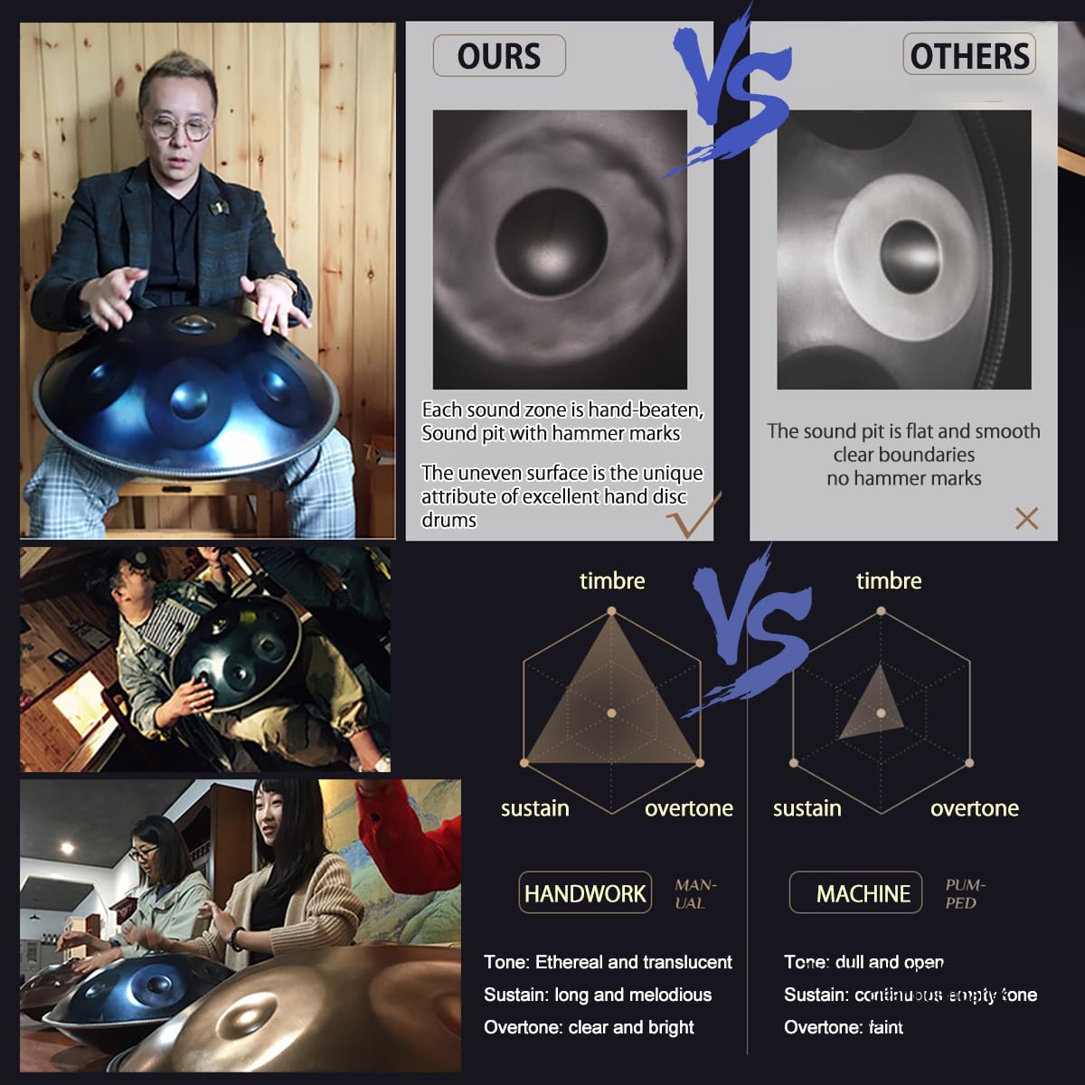 Handpan Drum Instrument, Oro, Re Minore 9 Note Tamburo A Mano In Acciaio Da 22'' Con Borsa Morbida, 2 Bacchette, Supporto, Per Meditazione E Rilassamento
