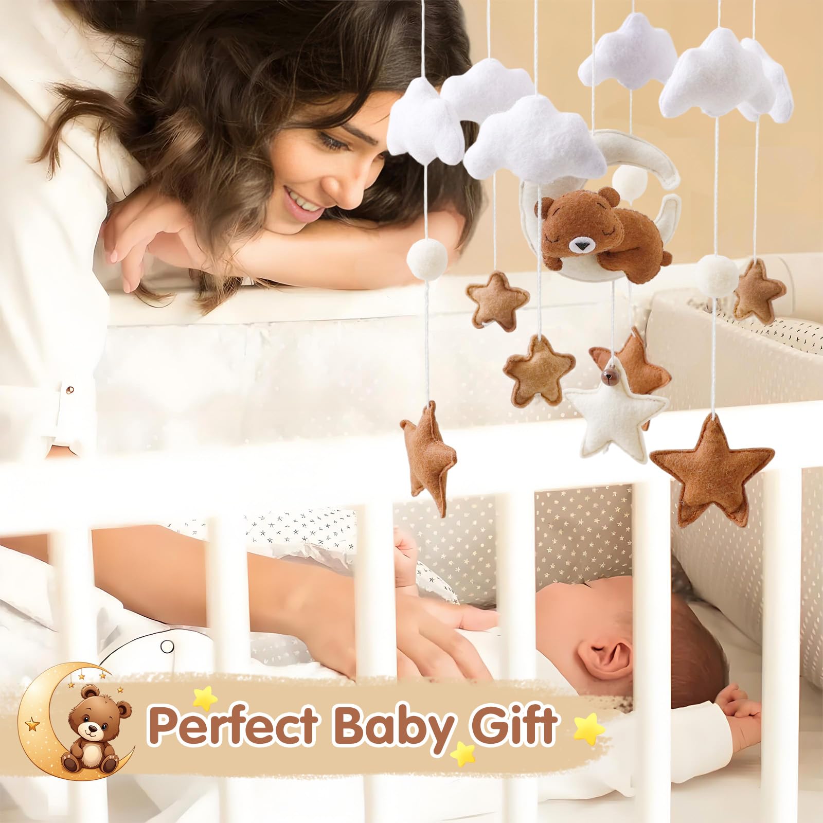 Mobile lit bébé, Mobile Bébé Bois avec Ours Etoiles Nuages Lune Cloches, Bois Berceau Bébé Jouet, Carillon Mobile, Chambre de Bébé Cloche de Lit, Cadeaux Naissance pour Bébés Filles Garçons (Marron)