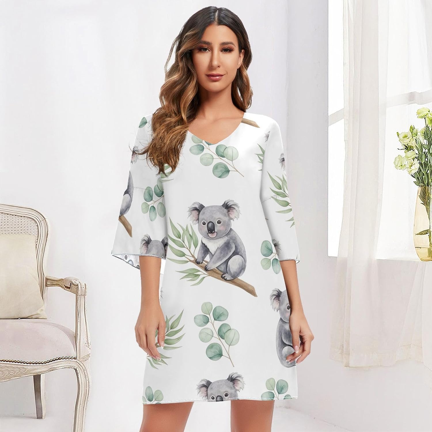 Cute Koala White Casual Chiffon Dress Printed Line Maternity Dress
