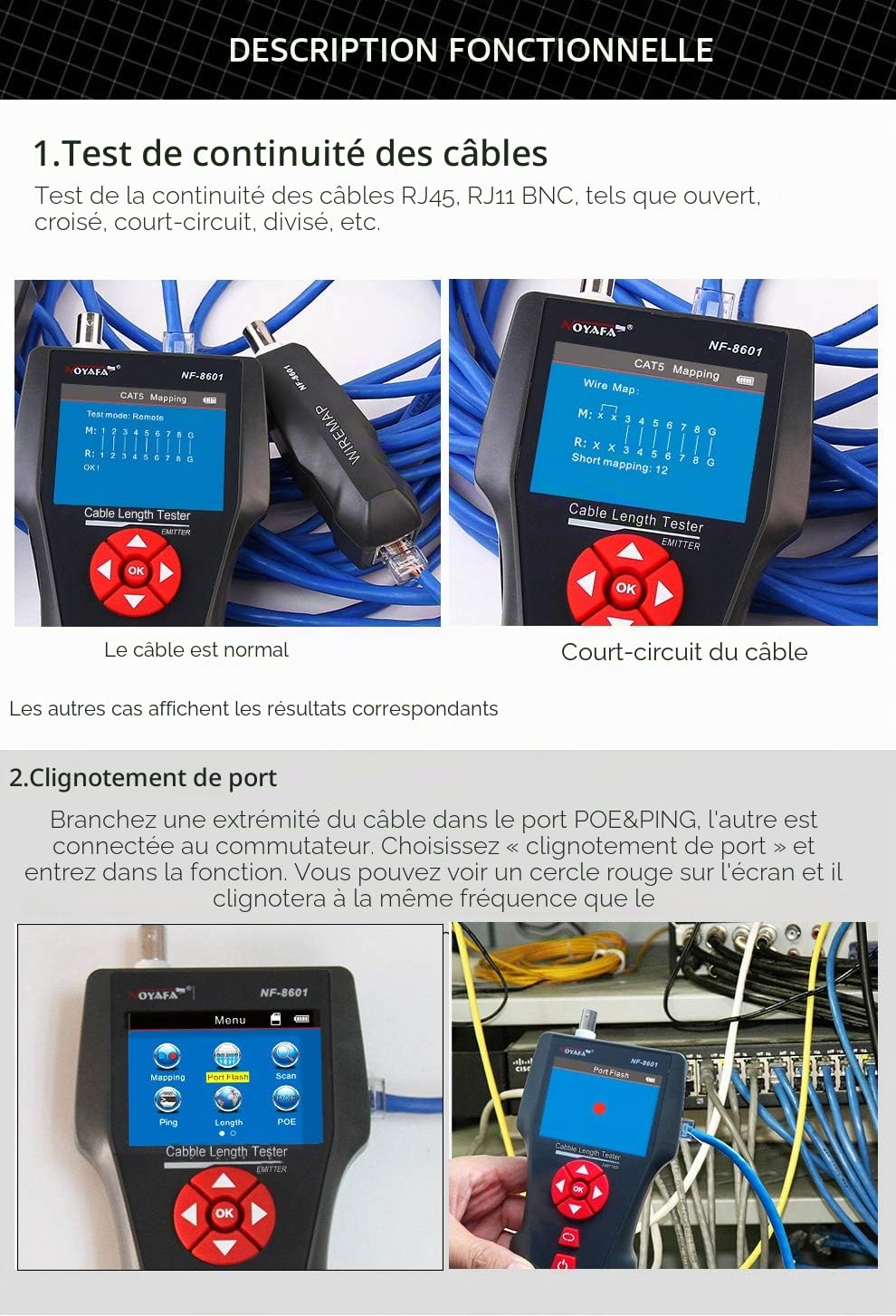 Noyafa Testeur de câble réseau multifonctionnel NF-8601W-A pour identifiant RJ45, RJ11, BNC, PING/POE 8