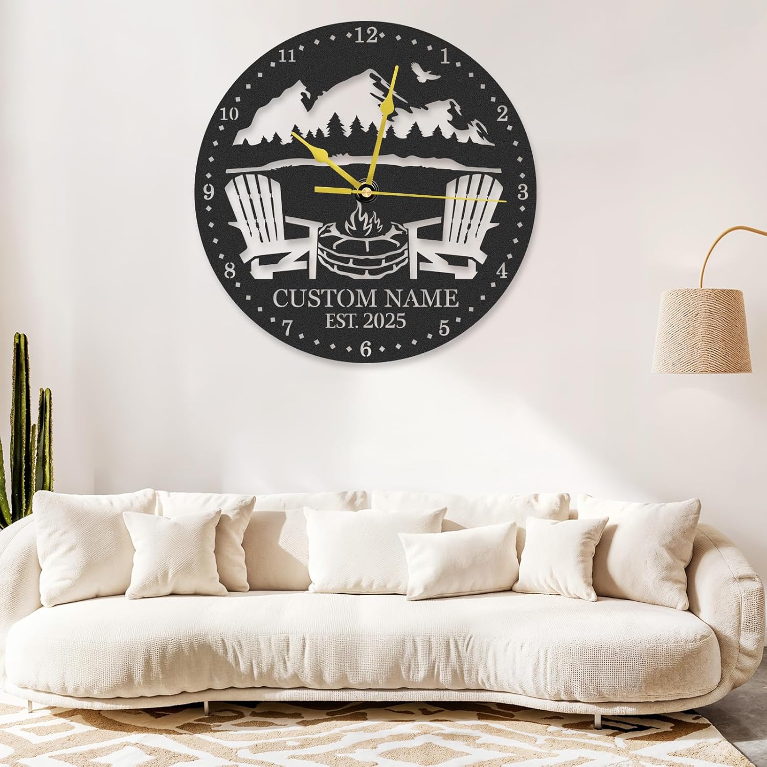 Personalized Camping Wall Clocks, Indoor Outdoor Decorative Wall Clocks, Silent, Battery Operated, Custom Name Rustic Wall Clock for Living Room Kitchen Farmhouse, Housewarming Gift Color01
