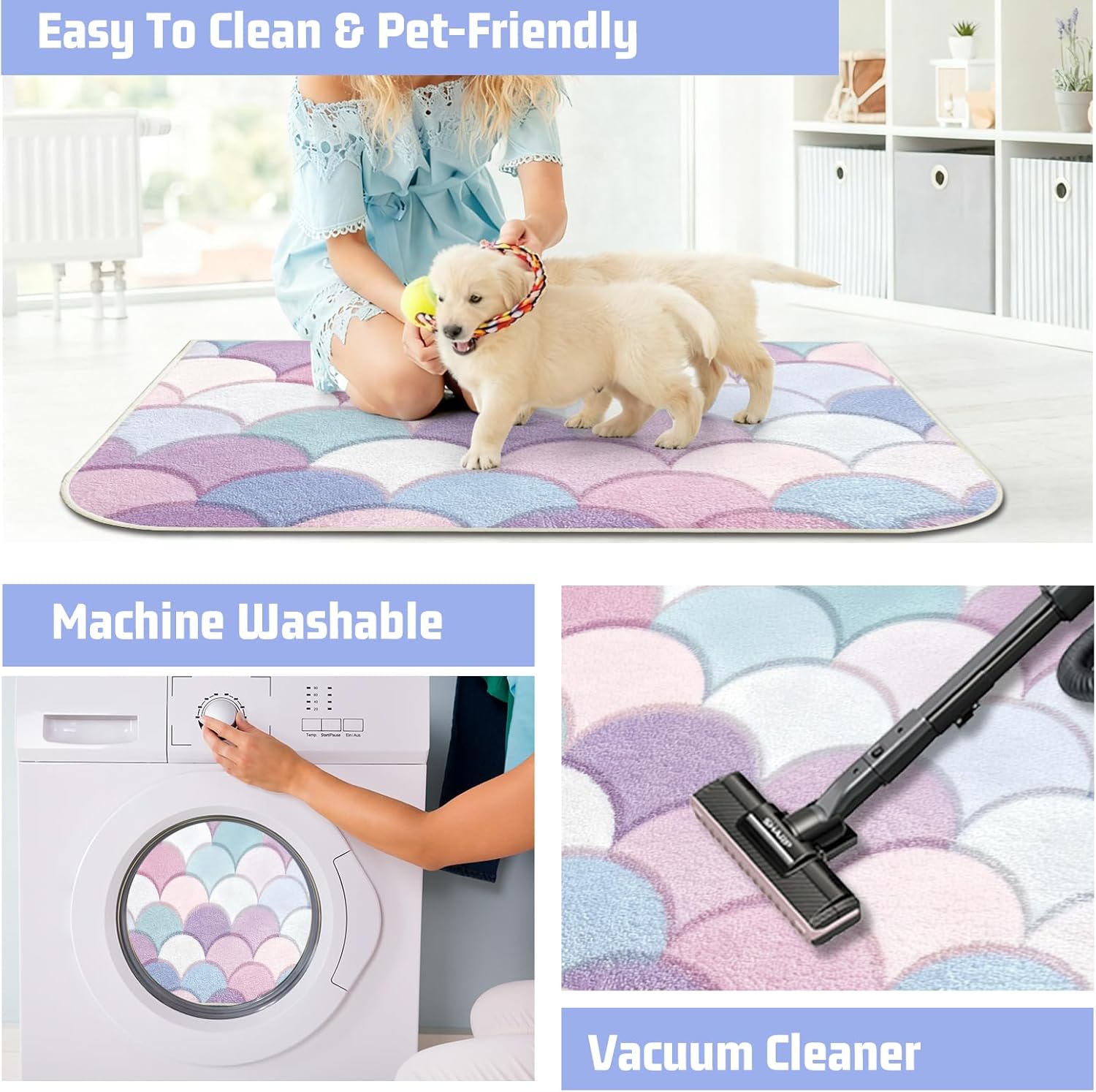 BLESWIN Bath Rugs for Bathroom, 24x36 Washable Bathmat with Non Slip Backing, Low Pile Soft Fluffy Bathroom Rug for Shower Floor Tub Toilet Bedroom Kids Room, Mermaid Scale