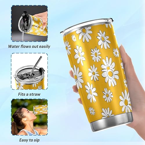 Miniatura 6 de Tazas de acero inoxidable con margaritas amarillas para calor y frío, con tapa y popote para café, lindo vaso aislado para bebidas calientes, 20