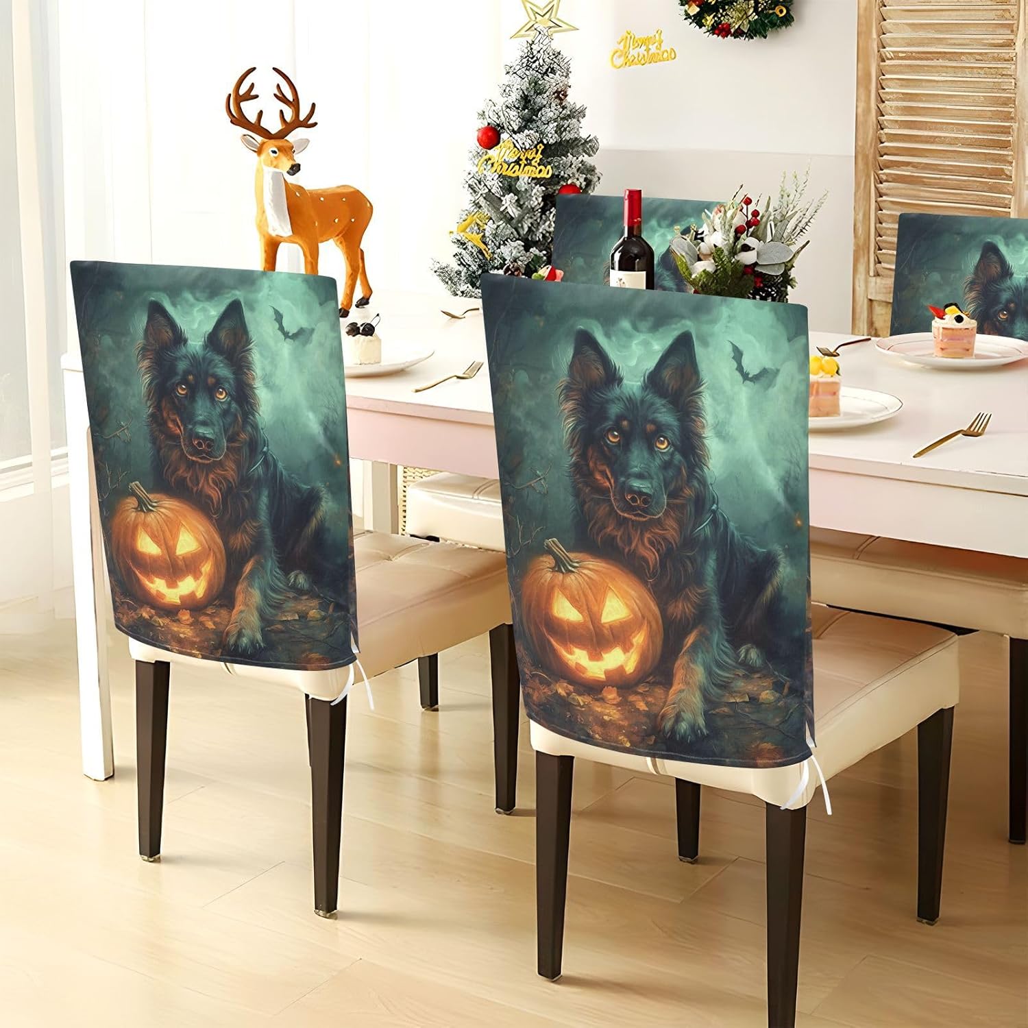 ALAZA Vintage Dog and Pumpkin Chair Back Cover Set of 6, Washable Reusable Removable Chair Slipcovers Decorative Chair Cover for Home Kitchen Wedding Party