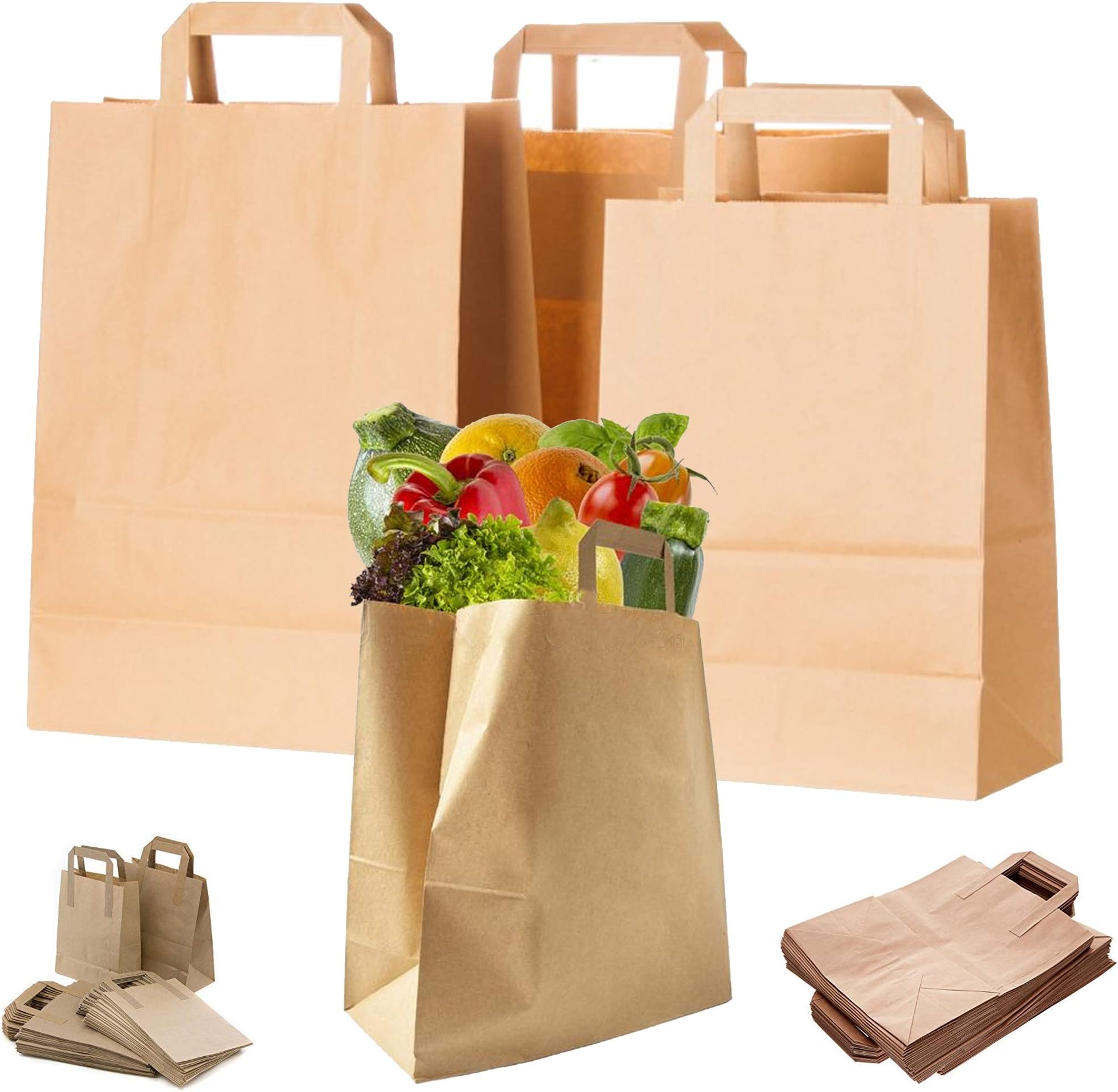 Paper Bags with Handles Brown Kraft Paper Carrier Bags Food, Takeway, Party