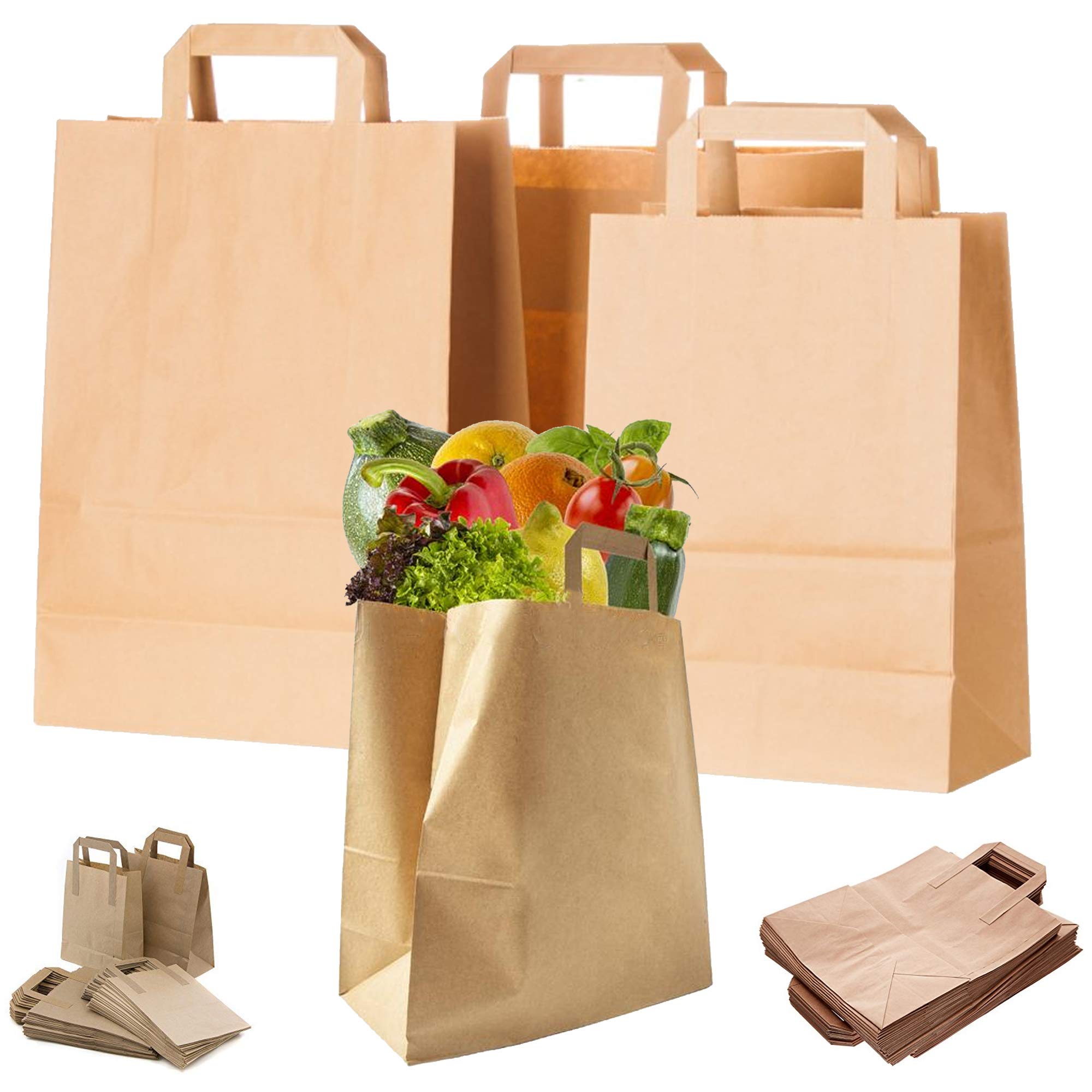 Paper Bags with Handles Brown Kraft Paper Carrier Bags Food, Takeway, Party