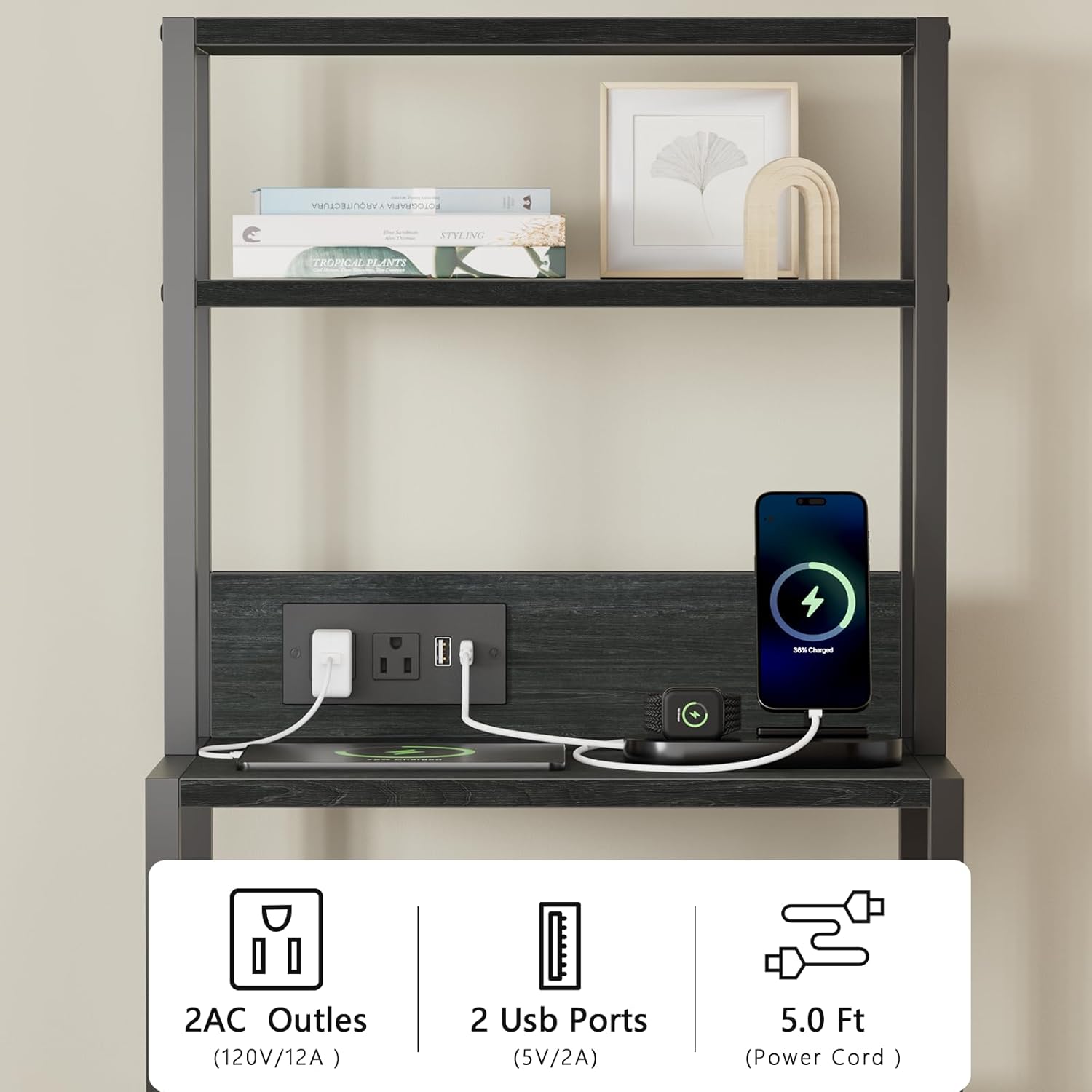 Furnulem Night Stand, Tall Nightstand with 4-Tier Shelves and 3 Fabric Drawers, LED Bed Side Tables with Charging Station, Bedside Table for Bedroom, Hallway, Home Office, Black Oak - Image 5