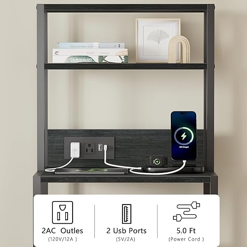 Miniatura 6 de Furnulem Mesita de Noche, Mesita Alta con 4 Estantes, 2 Cajones de Tela y Tubo de Luz, Mesas Auxiliares con Estación de Carga, Mesa de Noche para