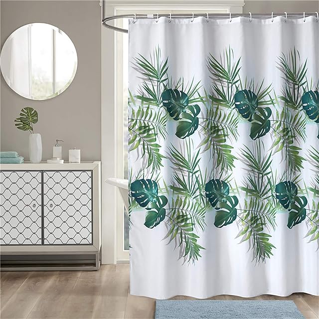 HAOJH Shower Curtains Bathroom Mould Proof Resistant Washable Weighted Keep Sagging Extra Long Shower Curtain Leaf Print or Grey Bath Curtain (Green-leaf, 180 X 180 CM)