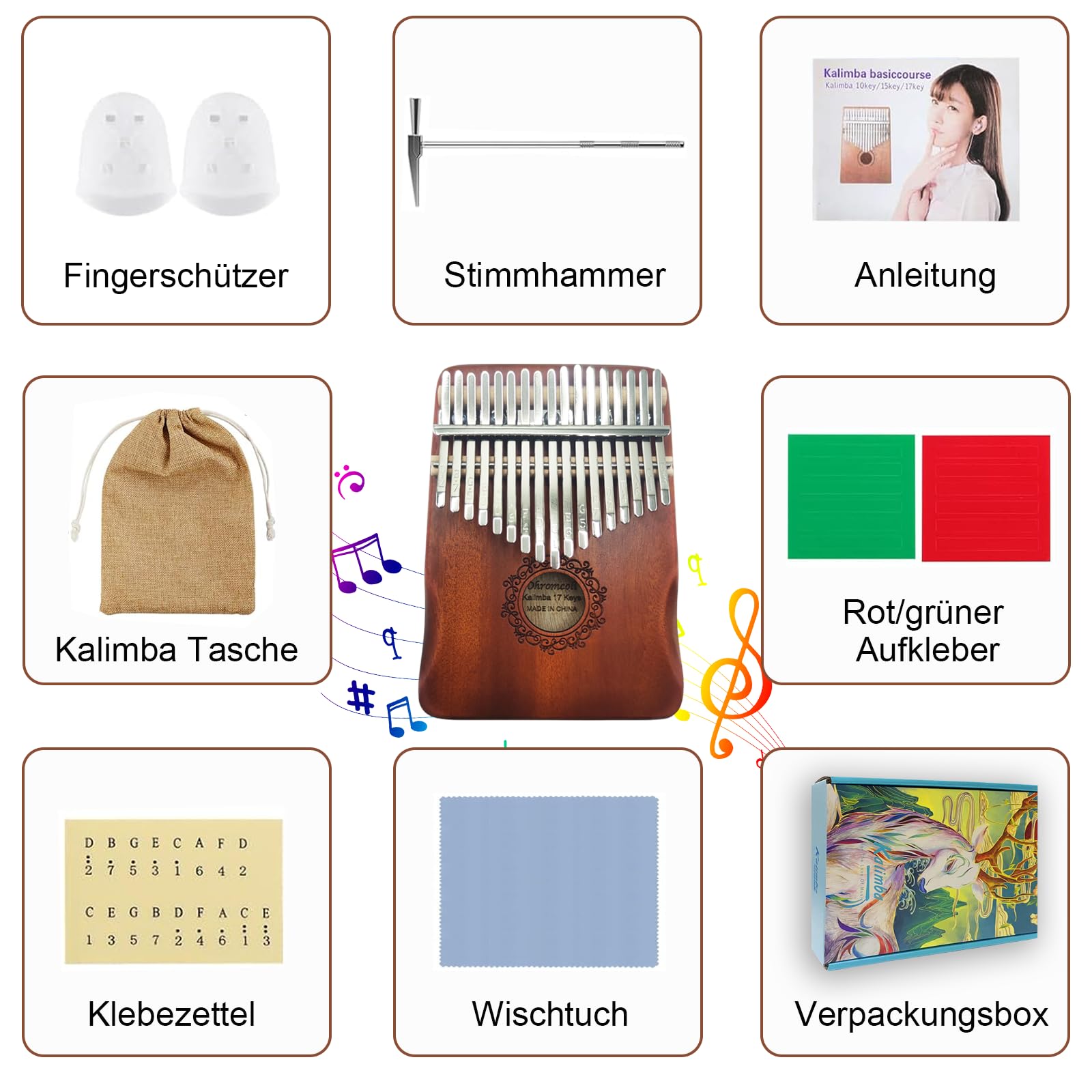 Kalimba - 17 Keys Instrument Mit Lernwerkzeuge, Finger Percussion, Professionelles Daumenklavier für Kinder, Erwachsene und Musikliebhaber (Braun)