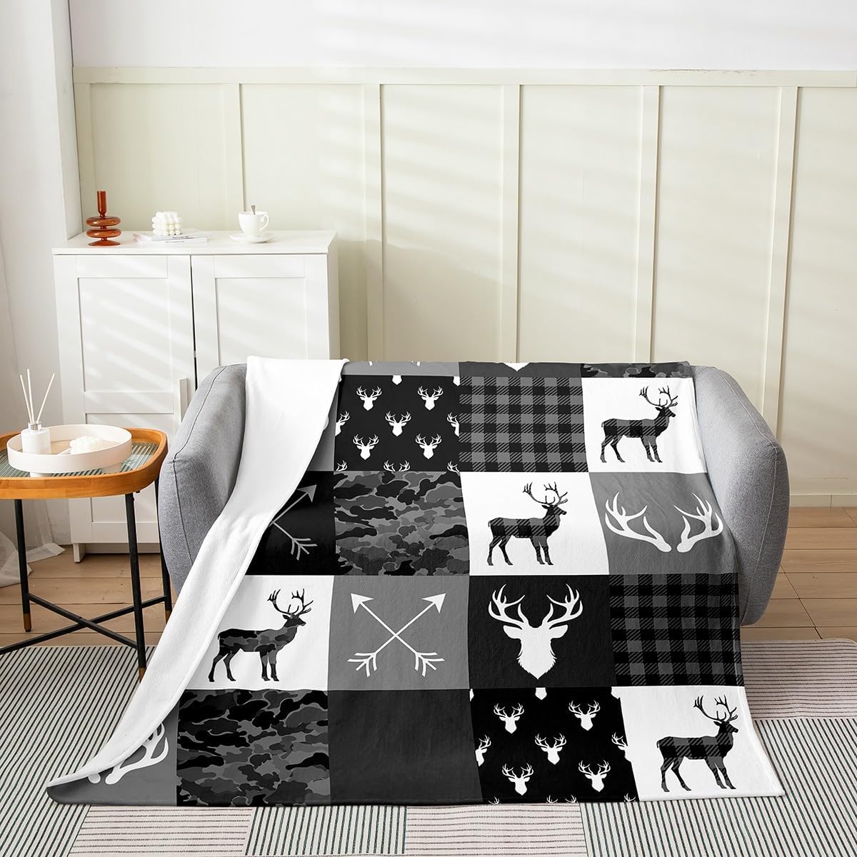 Deer Silhouette Throw Blanket,Antlers Arrow Pattern Fleece Blanket Stripes Gird Camouflage Bed Blanket for Kids Teens Room Decor,Soft Black White Grey Flannel Blanket, Throw Size (50 x 60 Inches)