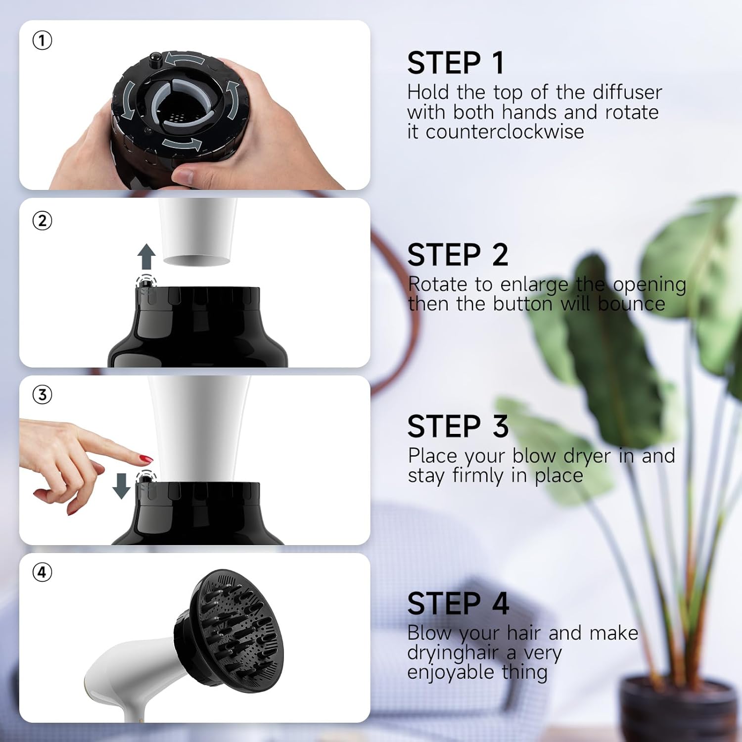 Hair Diffuser, Diffuser Attachment for Hair Dryer, Universal Fit for 1.4-2.6" Blow Dryers, Suitable for Long Thick Curly or Wavy Hair, Women's Hair Attachment, Black