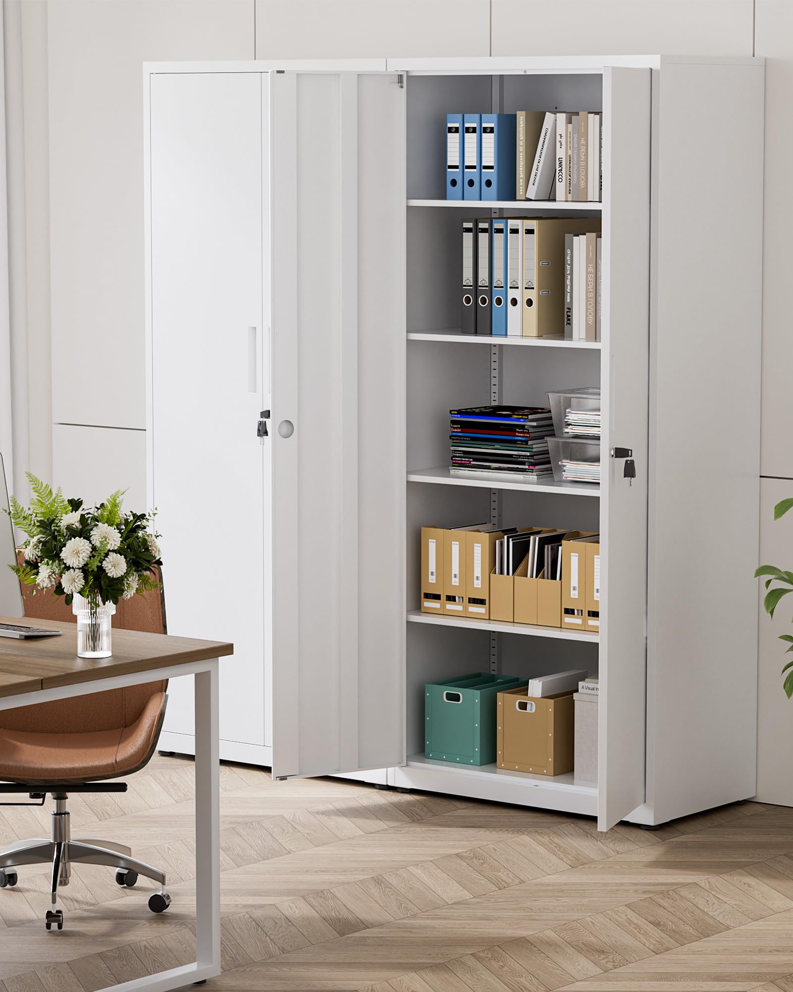 Aktenschrank, abschließbarer Mehrzweckschrank mit 4 höhenverstellbaren Einlegeböden, Stahl-Büroschrank mit 2 Türen, Weiß, 181.5×80×40 cm