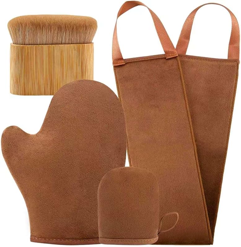 Self Tanning Applicator Kit with Tanning Glove for Self Tan Mitt, Back Lotion Applicator, Mini Mitt and Ultra Soft Self Tanner Brush Bamboo Kabuki Brush, Brown