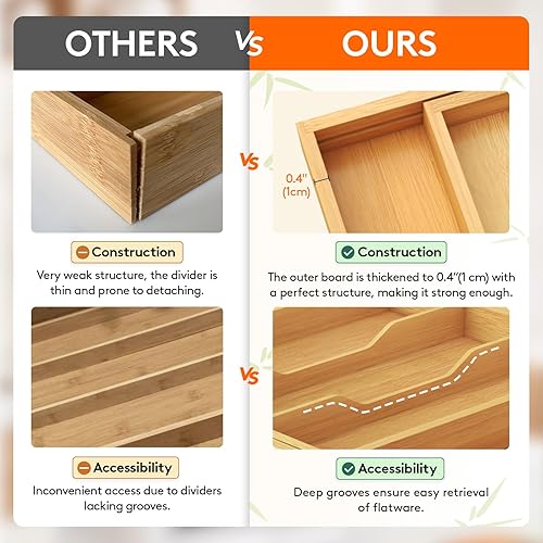 Miniatura 4 de Lifewit Organizador de cajones de utensilios, bandeja de cubiertos de cocina prescindible para cajón de cocina, soporte ajustable de bambú para