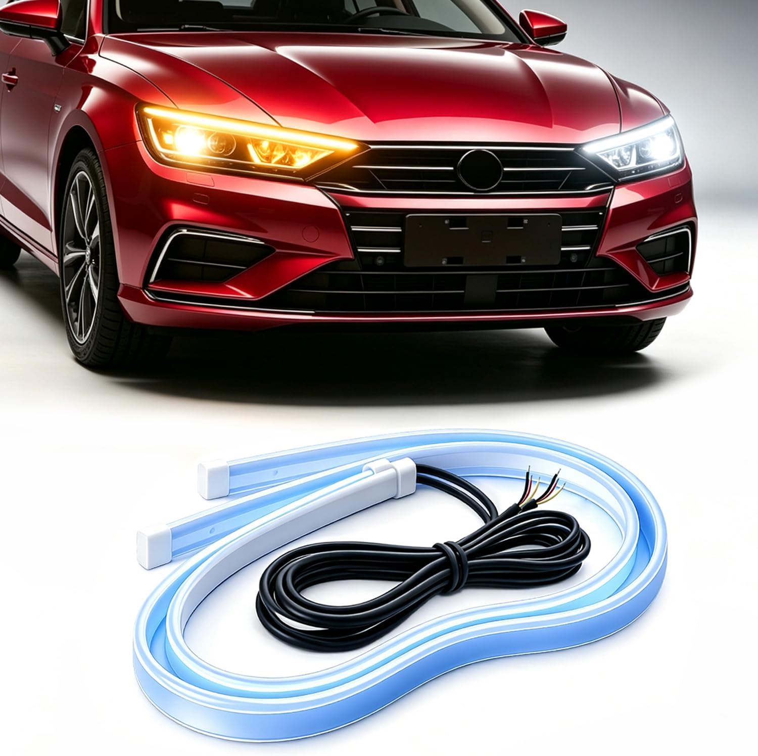 Qasim QasimLed 2-Pack 60cm White&Yellow Cars DRL LED Daytime Running Lights Auto Flowing Turn Signal Guide Strip Headlight Assembly Waterproof