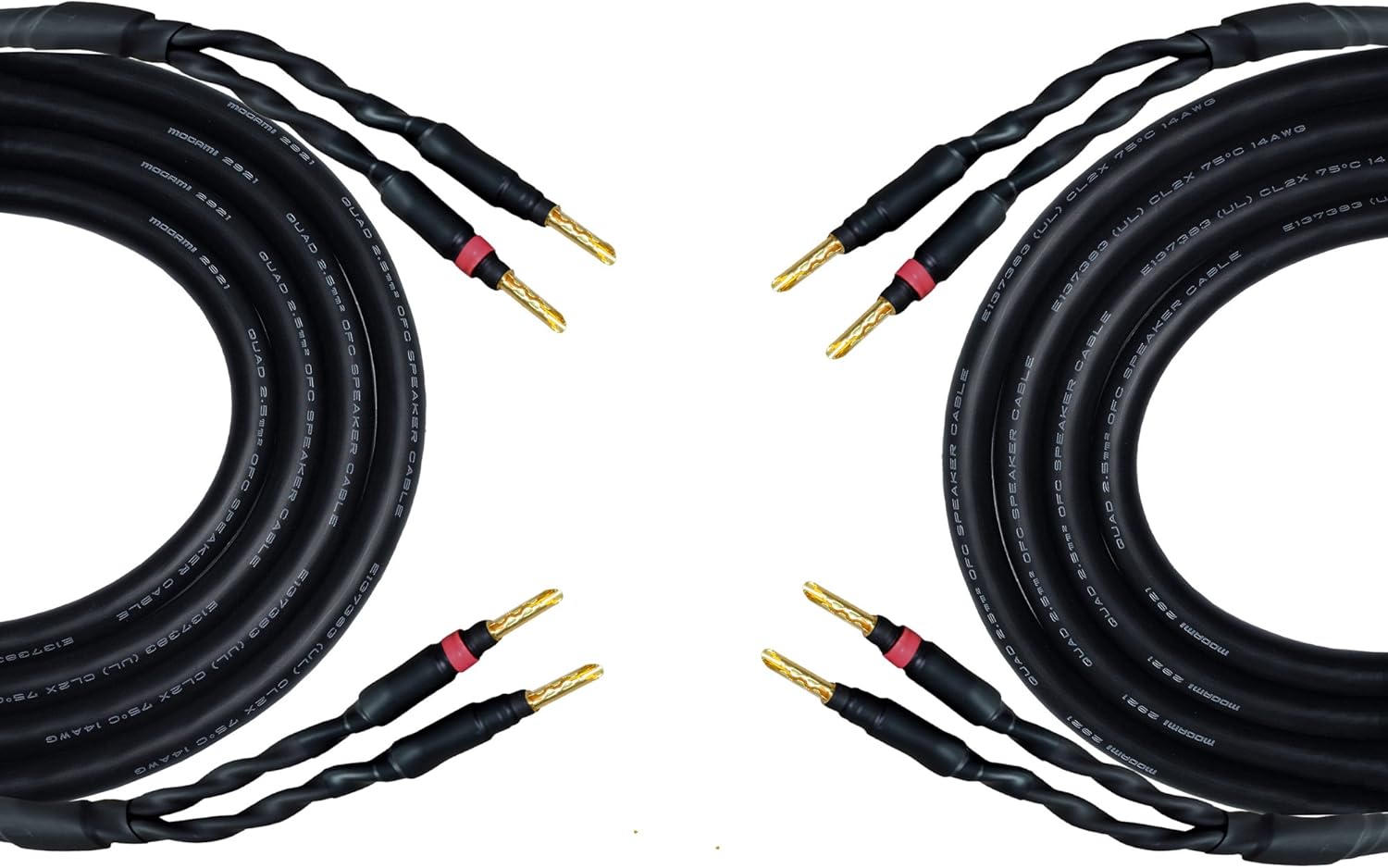 20 Foot Pair of Mogami 2921, 11 AWG Audiophile Speaker Cables Terminated with Banana