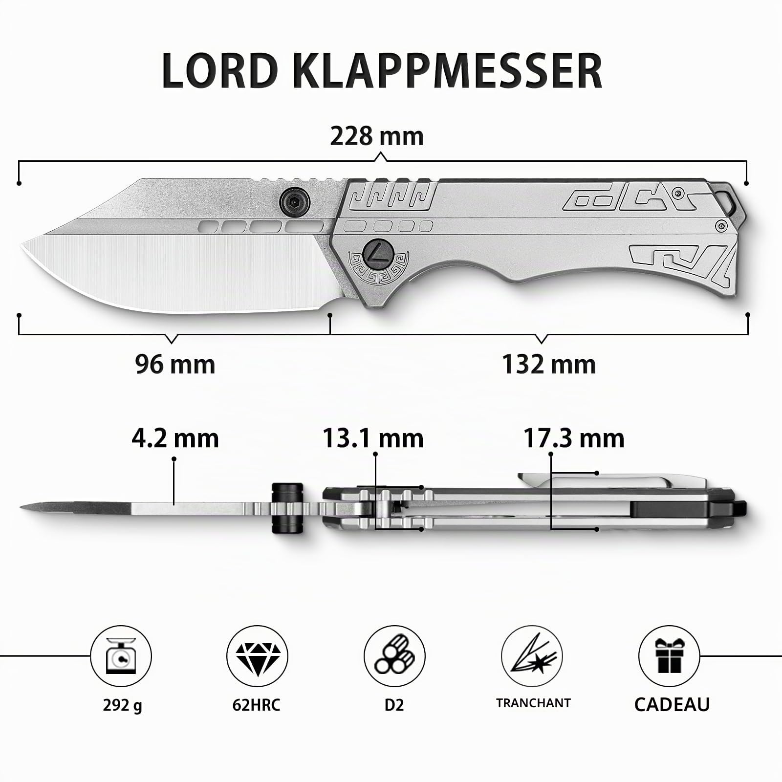 LOTHAR LORD Couteau Pliant, D2 Acier Couteau à une Main Avec Clip de Ceinture, 420 Manche en Acier, Grand Couteau en Plein air, Convient Pour la Collecte
