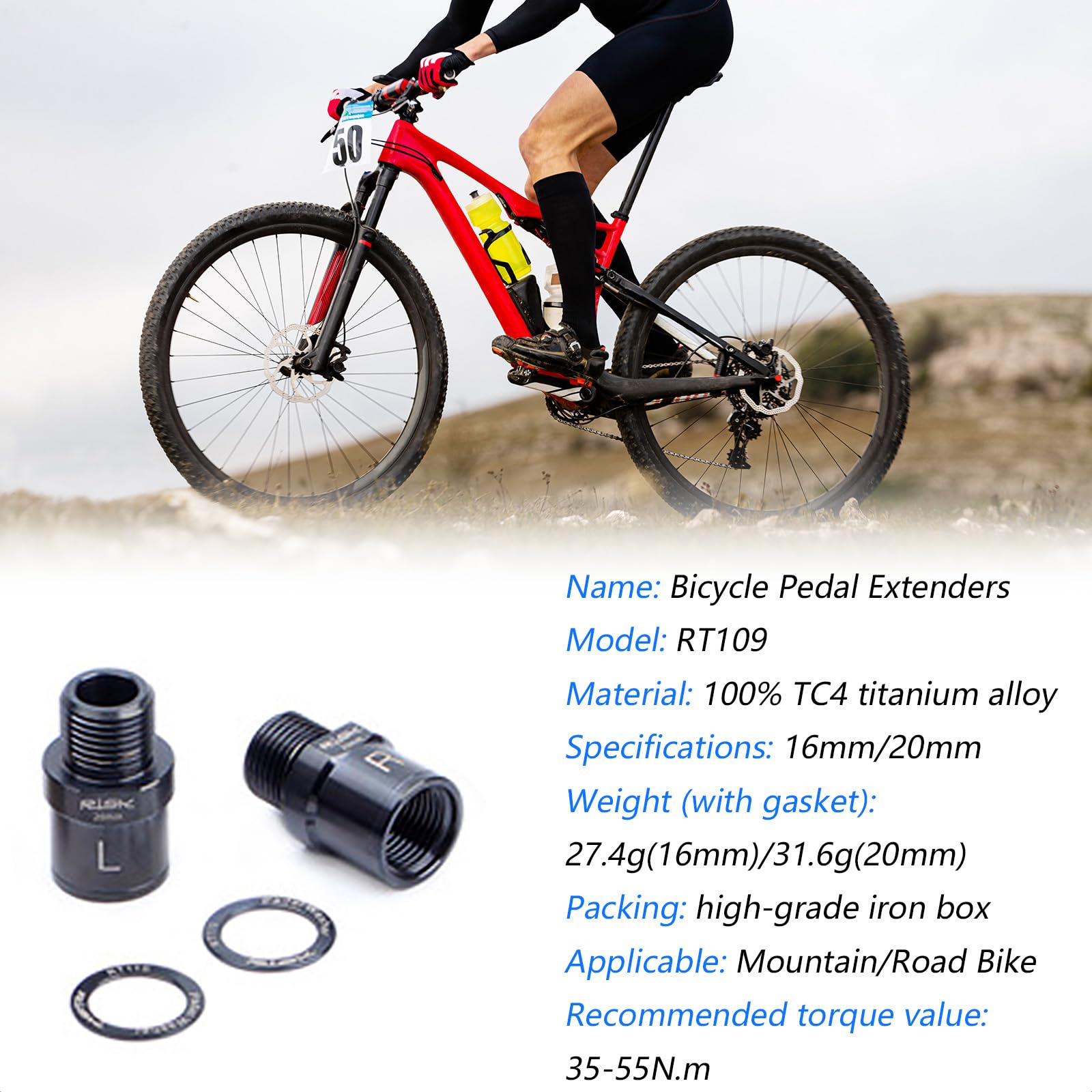 Fahrradpedalverlängerung, Titanlegierung, 16/20 mm, verlängertes Pedal mit Unterlegscheibe, für alle 9/16-Zoll-Gewindepedale, Fahrrad, SPD, MTB, BMX, Rennrad, Mountainbike