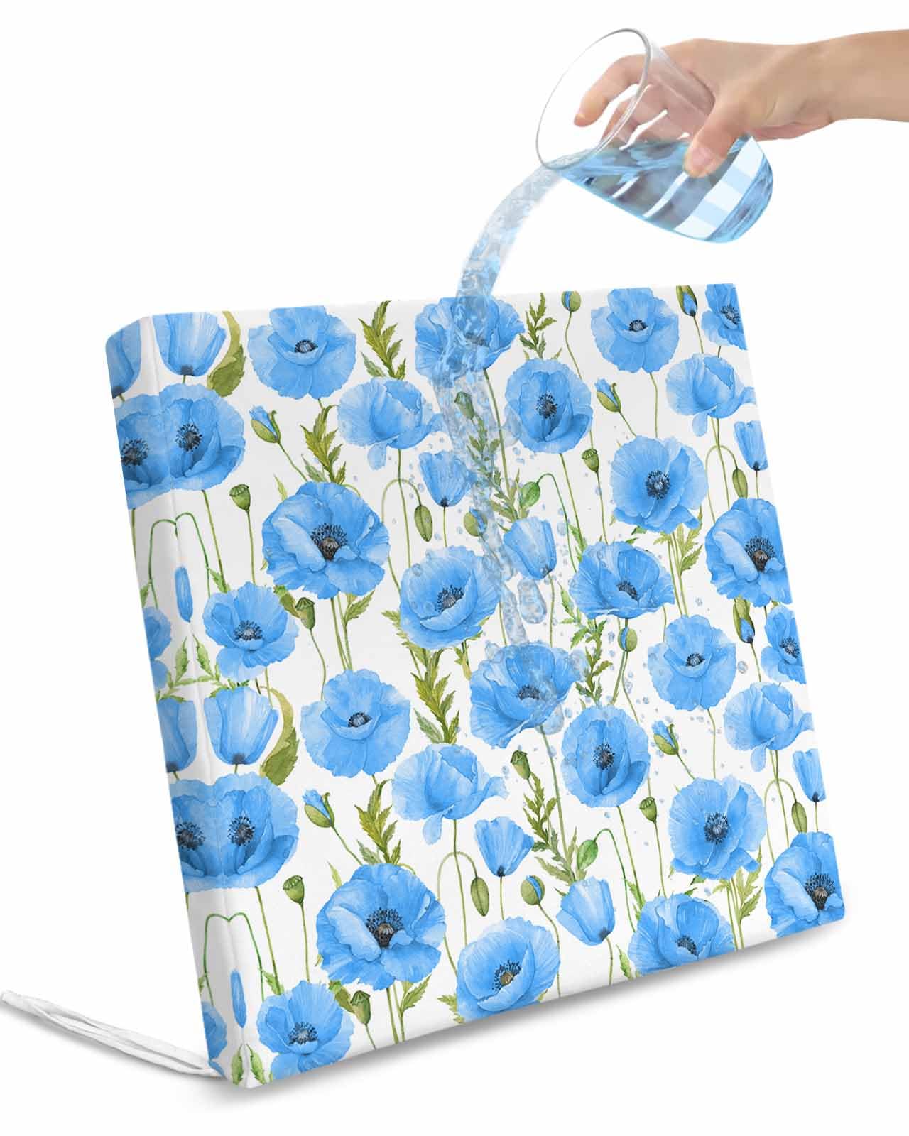 Pinroote Blue Spring Floral Patio Cushion Covers, Outdoor Cushion Covers Waterproof Seat Cushion Slipcovers, Green Summer Botanical Watercolor Chair Cushion Cover for Garden Sofa 24