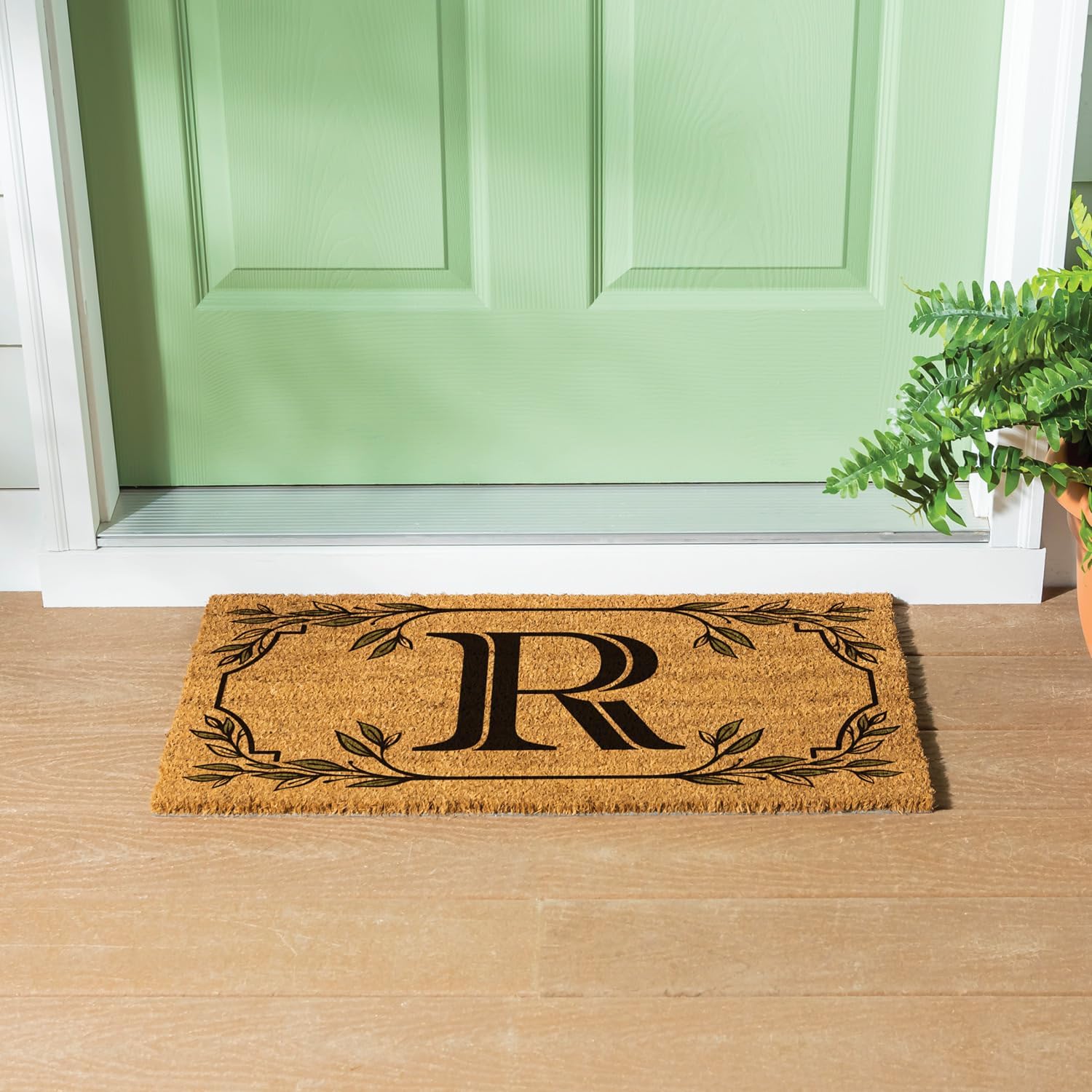 Evergreen Flag Monogram Coir Doormat | Letter R | Front Door Mat for Outdoor Indoor Entrance | 28x16 Inches | Non-Slip Backing Doorway Mat for Porch Patio Floor | New Home Decor Housewarming Gift