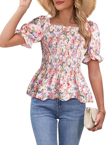 Womens Puff Short Sleeve Babydoll Tops Floral Summer Peplum Blouse Smocked Square Neck Loose Fit Ruffle Dressy Tee Shirts