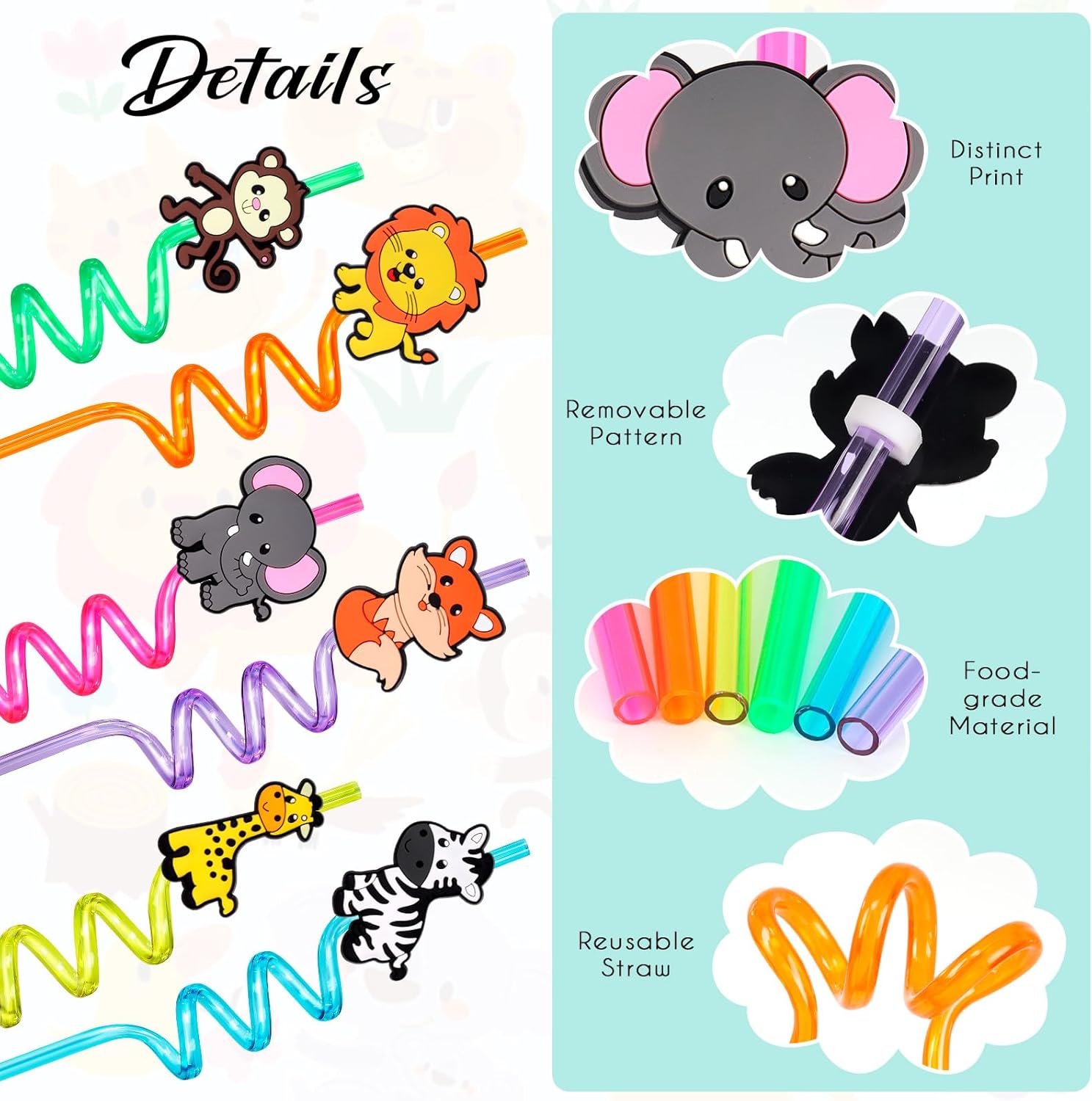 12 Pcs Reusable Jungle Animal Straws, Forest Animal Plastic Straws, Woodland Creature Twisted Straws for Forest Party Supplies, Jungle-themed Party Decorations, Jungle Birthday Gifts (Jungle Animals) - Image 5