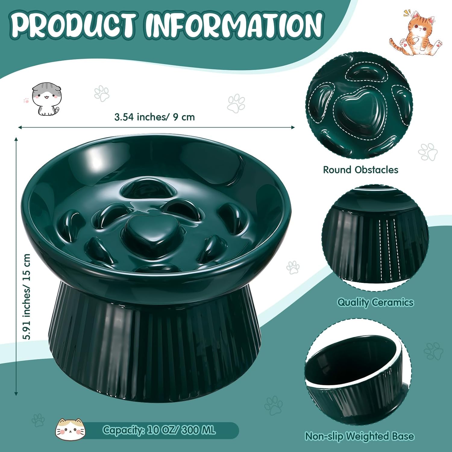 Tioncy 1 Pcs Raised Cat Slow Feeder Bowl Ceramic Elevated Cat Dog Food Bowl No Spill High Edge for Dry Wet Food and Water Easy to Clean, Dishwasher Safe (Dark Green)
