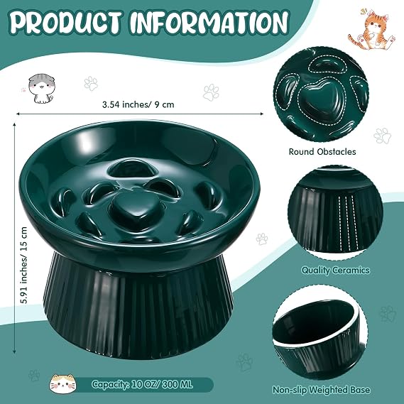 Tioncy 2 Pcs Ceramic Elevated Slow Feeder Cat Bowl, Dark Green