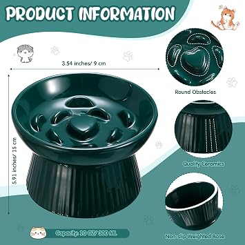 Tioncy 2 Pcs Ceramic Elevated Slow Feeder Cat Bowl, Dark Green