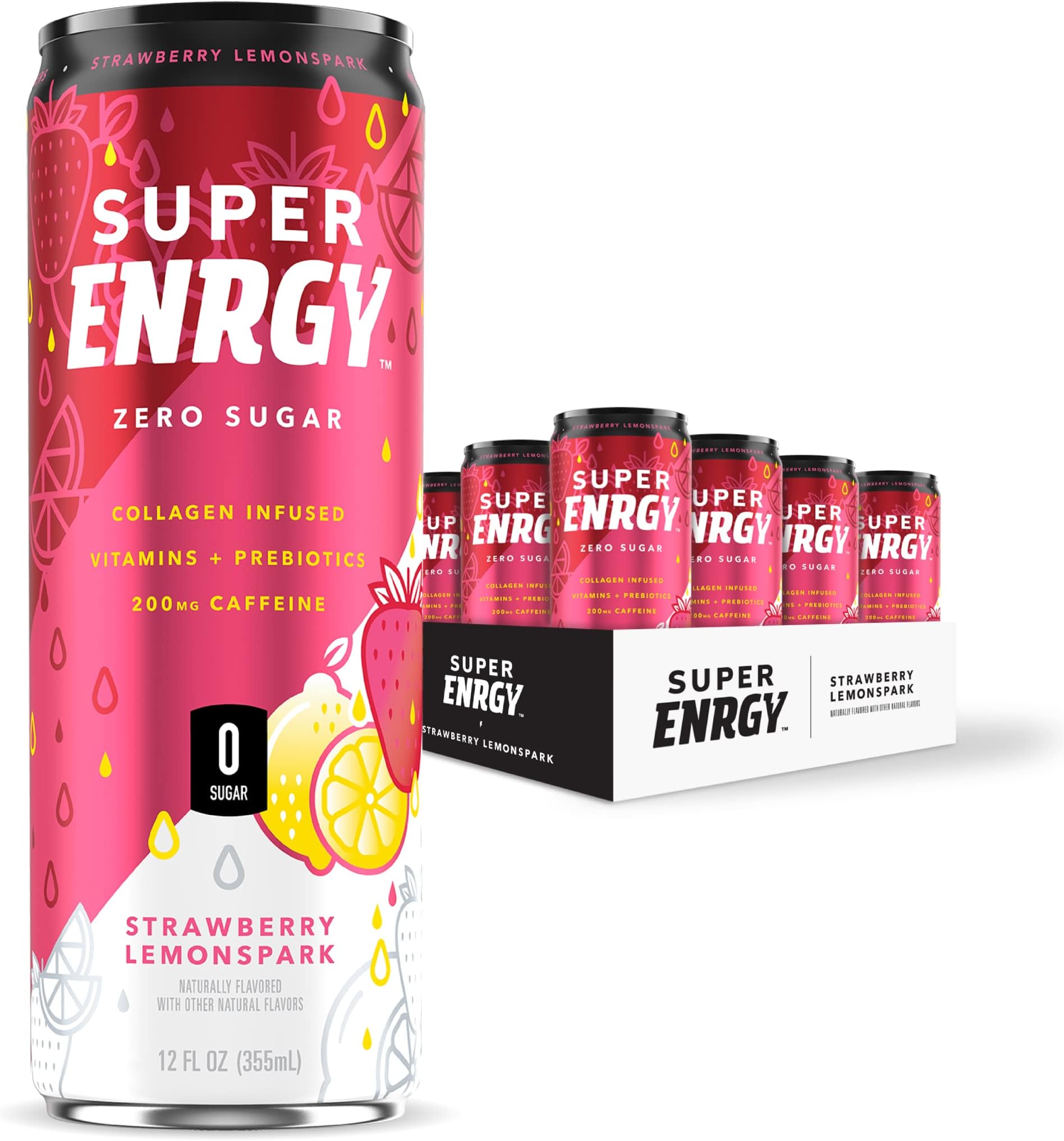 SUPER COFFEE Healthy Energy Drink | Sugar Free, Natural Energy | Strawberry Lemon Spark | 0g Sugar, 200mg Caffeine, No Artificial, Collagen Protein, Prebiotics, B Vitamins, 20 Calories | Pack of 12