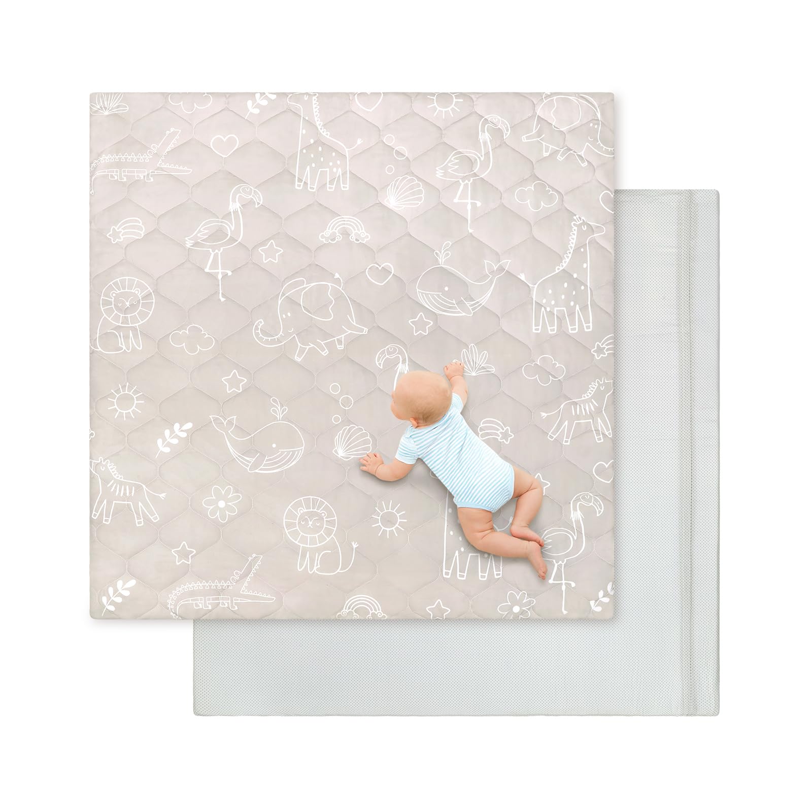 Baby Play Mat,Removable Baby Mats for Floor Play-127x127 cm-Thick Playmats for Babies Kids Toddler,Foldable Non-Slip Crawling Mat,Machine Washable Playpen Mat Pad for Tummy Time,Animal Grey