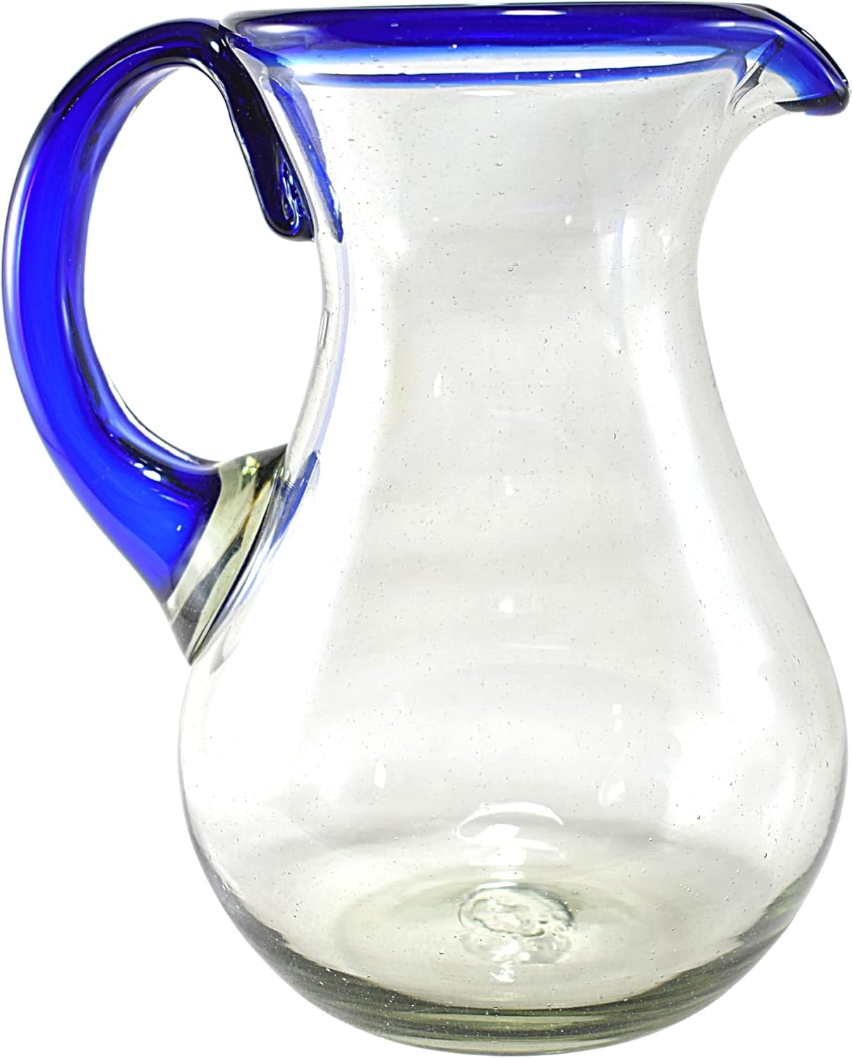 Blown Glass Water Tumblers Made in Mexico with Cobalt Blue Rim (Set of 6 Glasses with 1 Pitcher)
