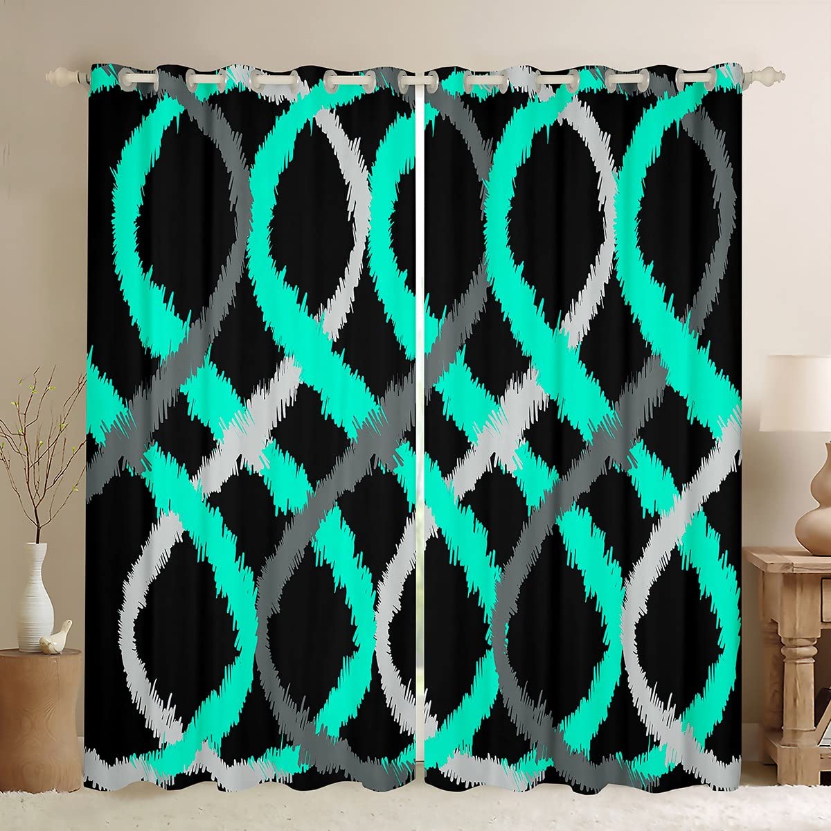 Homemissing Teal Blue Grey and Black Window Curtains Two-Tone Waves Geometric Blackout Curtains Retro Stripe Line Art Darkening Dreapes Modern Abstract Art Window Treatments W46*L54 — image 1