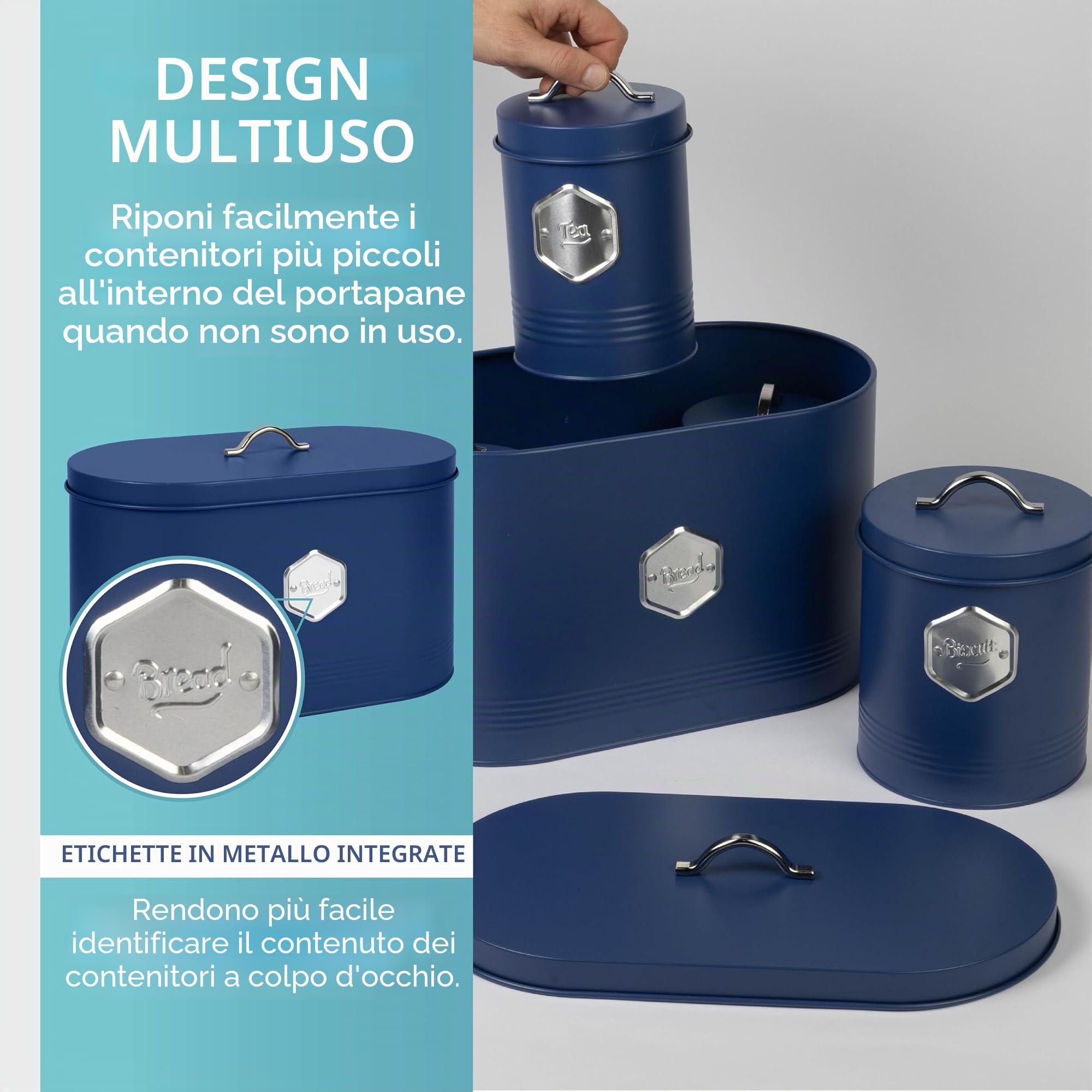 HEFTMAN Set di 5 contenitori da cucina blu, eleganti contenitori da cucina per pane, biscotti, zucchero, caffè, tè, set ermetici con etichetta, accessori da cucina blu (5 pezzi)