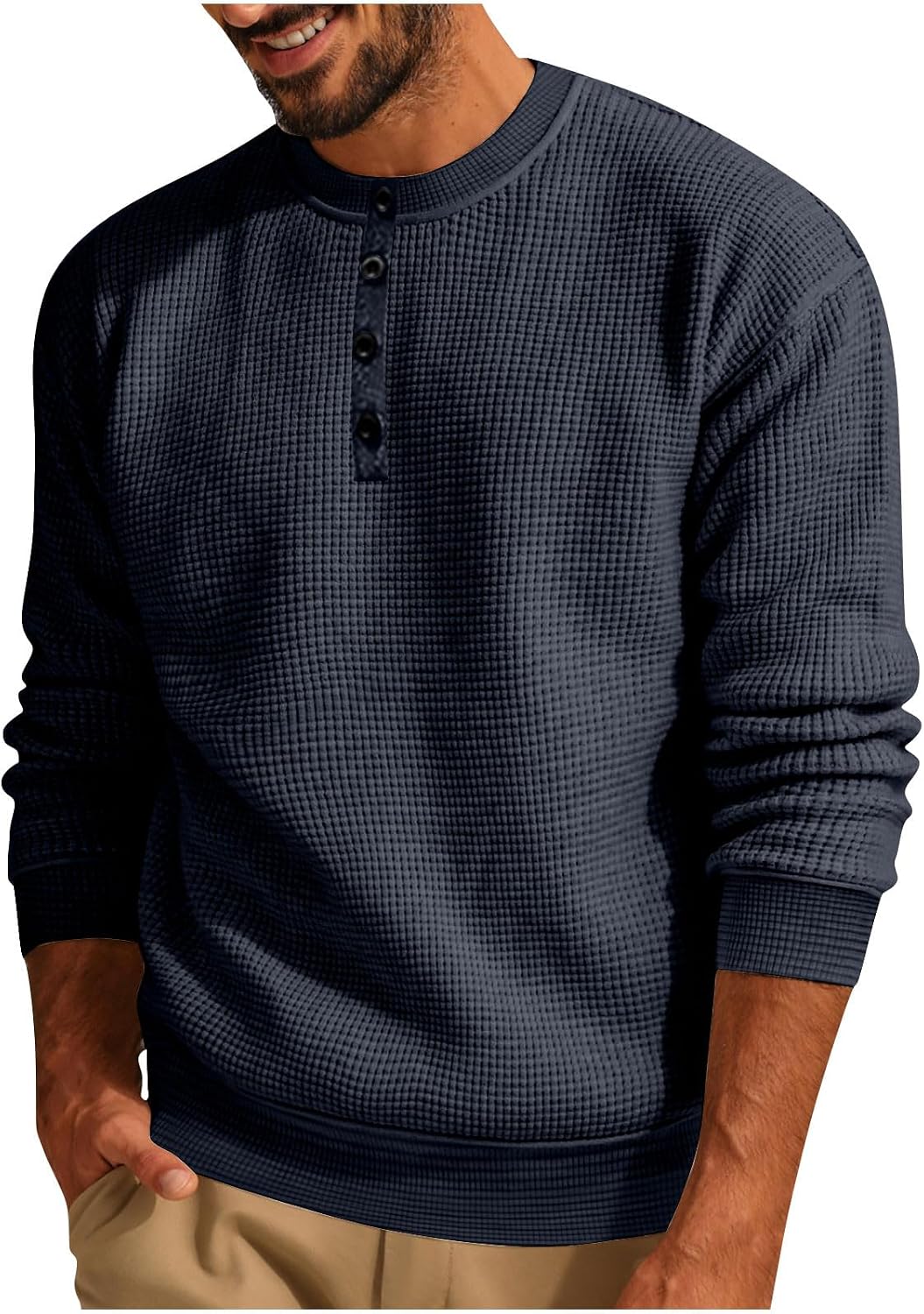 Men's Knit Solid Shirts Button Up Crew Neck Long Sleeve Loose Fit | Casual Waffle Tee Tops Color Classic T-Shirt Top