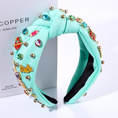 Vista 18 de Diadema para profesora, diadema anudada con perlas de cristal para mujer, lindo libro, para enseñar, adornado con nudo superior, regalos